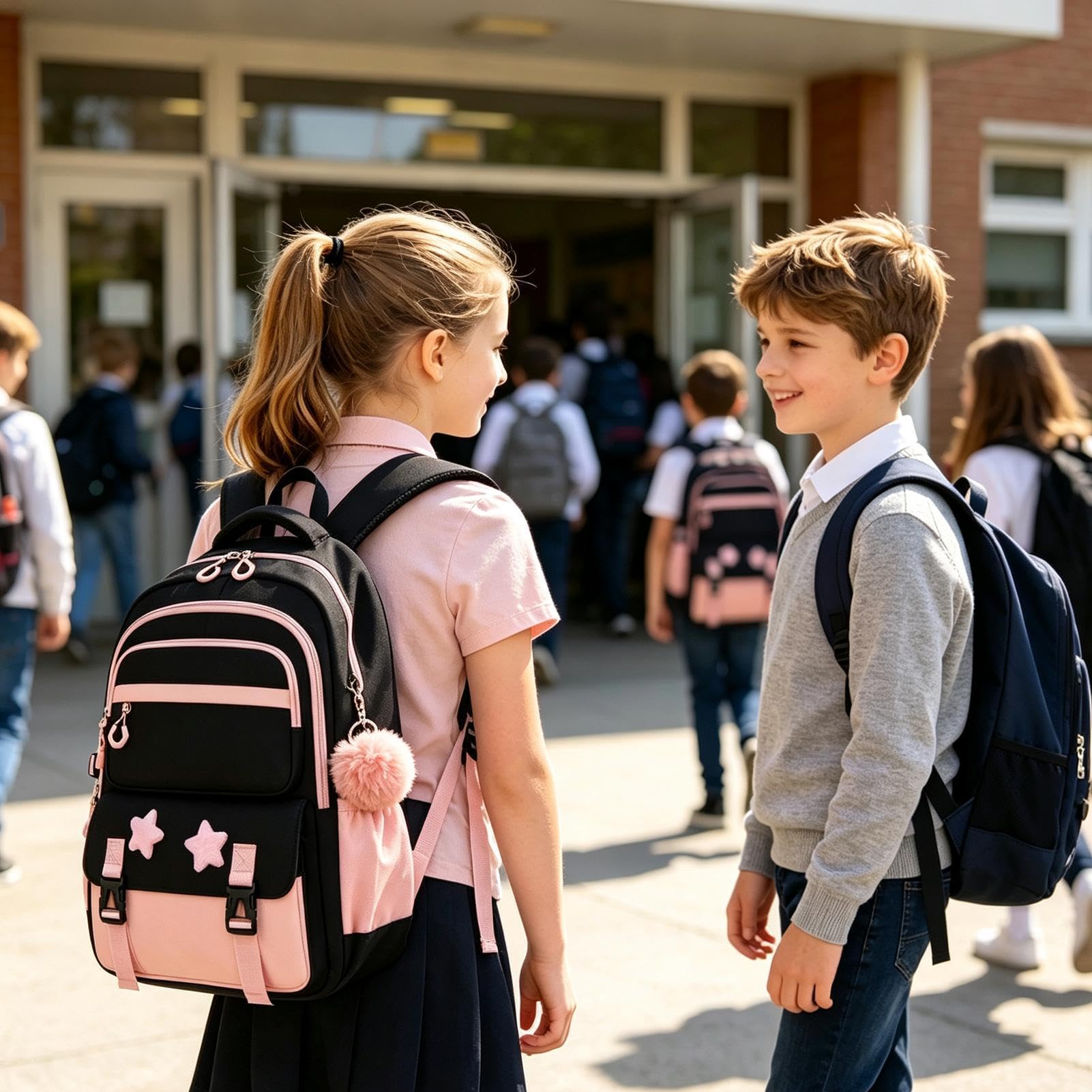 Generico Zaino Da Bambine Con Portapranzo Tre Pezzi con Cerniera e Astuccio | Zaino Scolastico Casual da Bambine Per Studenti Libri Di Cancelleria Portafoglio Abbigliamento Viaggi All'Aperto