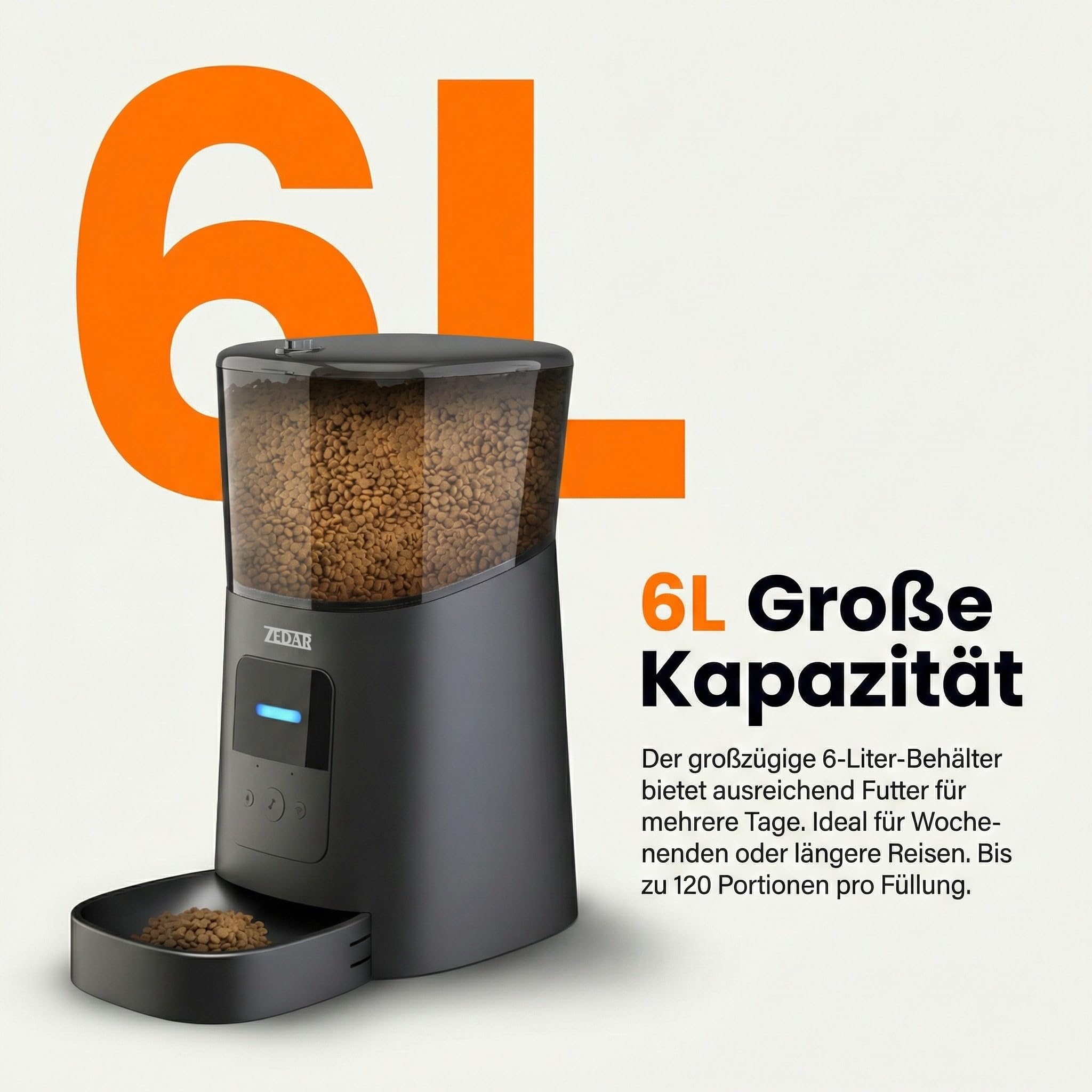 Futterautomat Katze - Edelstahl napf - 6 Liter - mit APP Steuerung - Automatischer Futterspender für Trockenfutter - Design für Katzen & Hunde - Schwarz - Zedar A600