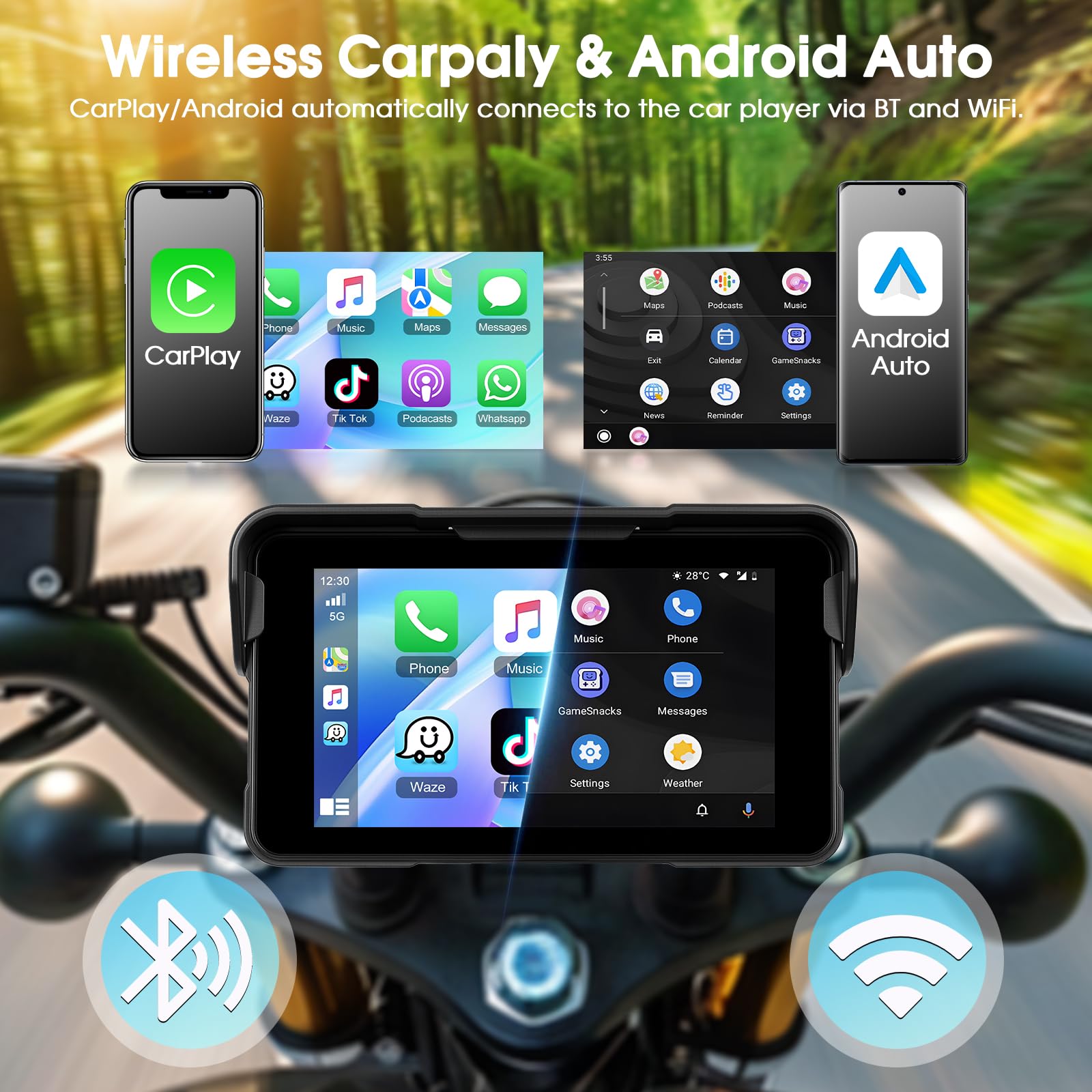 Navegación para Motocicleta con Apple Carplay Android Auto Inalámbrico, Autoradio Portátil con Pantalla Táctil HD De 5 Pulgadas con Bluetooth FM, Impermeable IP68, Navegación GPS, Tarjeta TF