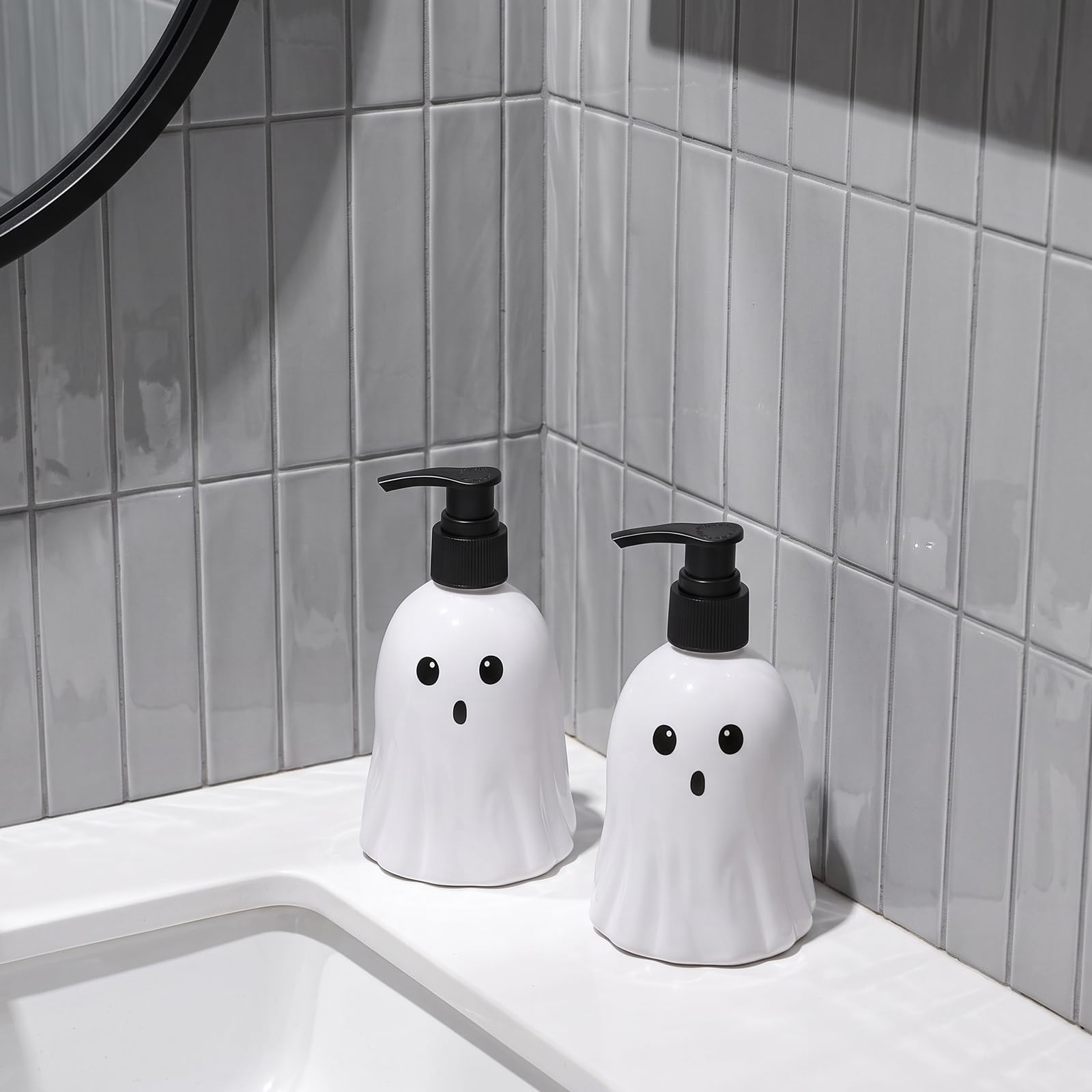 OHS 2 Pack Halloween Ghost Hand Soap Dispenser Pump Bottles, White