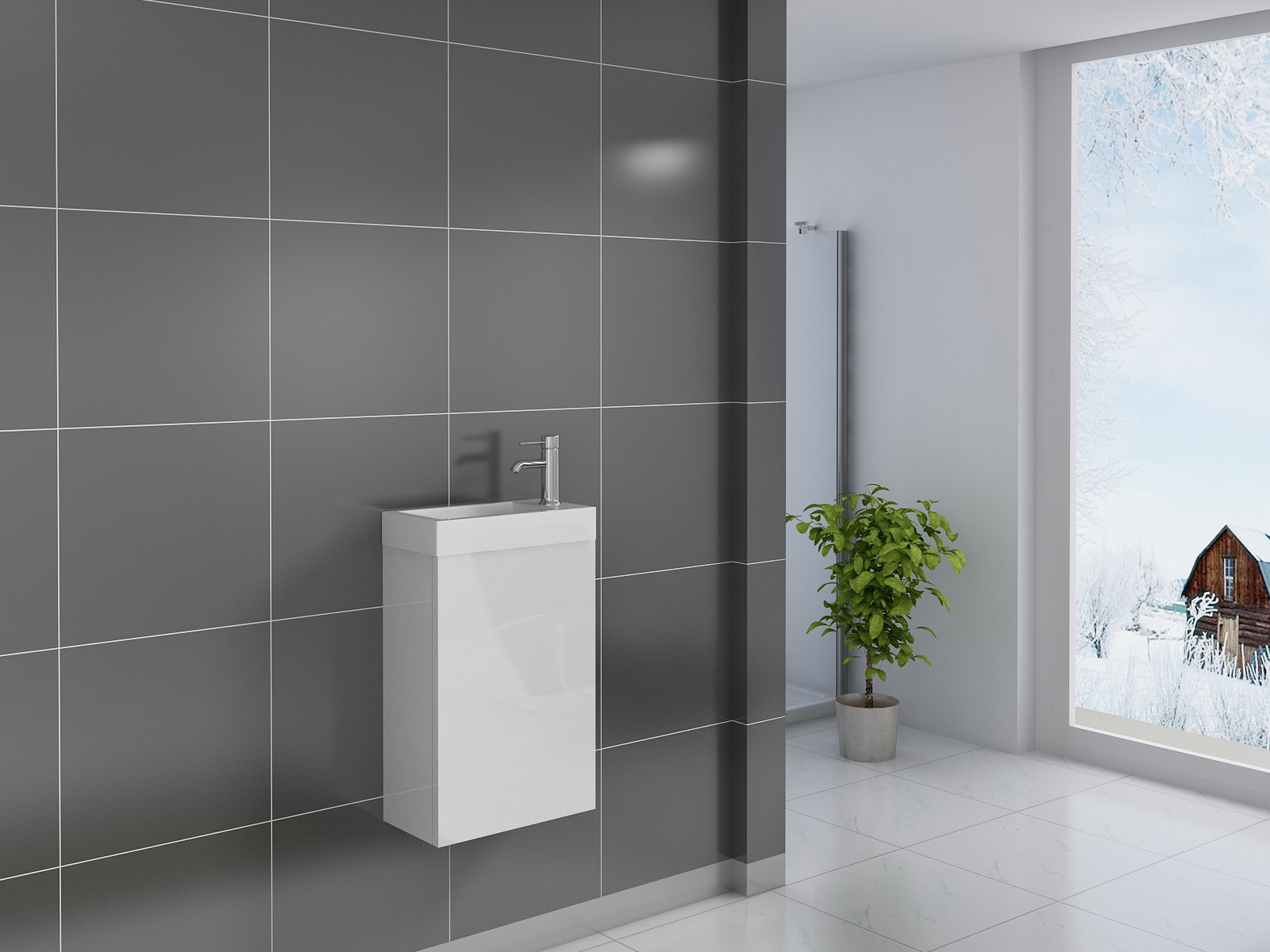 junado SAM Waschplatz Vega, Kleiner Waschtisch Weiß Hochglanz, Tür mit Push-Open-Funktion, Kunststoffbecken Gäste-WC 40 x 22 x 58 cm