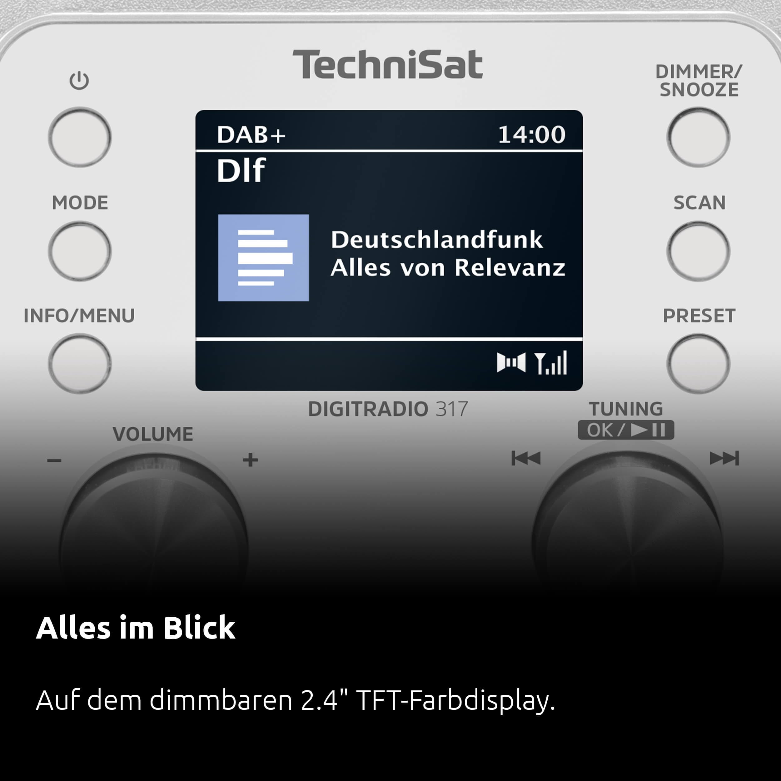 TechniSat DIGITRADIO 317 - Vertikales DAB+ UKW Radio mit Bluetooth Audiostreaming, Radiowecker, Sleeptimer, 2,4 Zoll Farbdisplay, 3 Watt, weiß