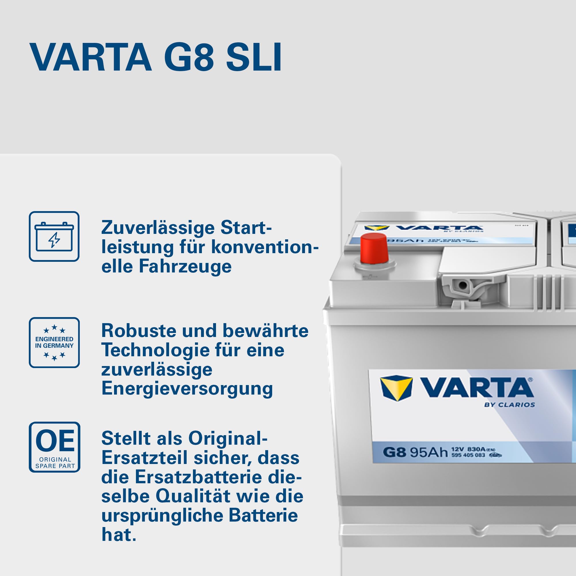 VARTA Automotive DYNAMIC SLI (G8) 12V 95Ah 830A - Nassbatterie KFZ mit Standardausstattung & ohne Start-Stopp System - Starterbatterie für einfachen Energiebedarf - Bleisäurebatterie wartungsfrei