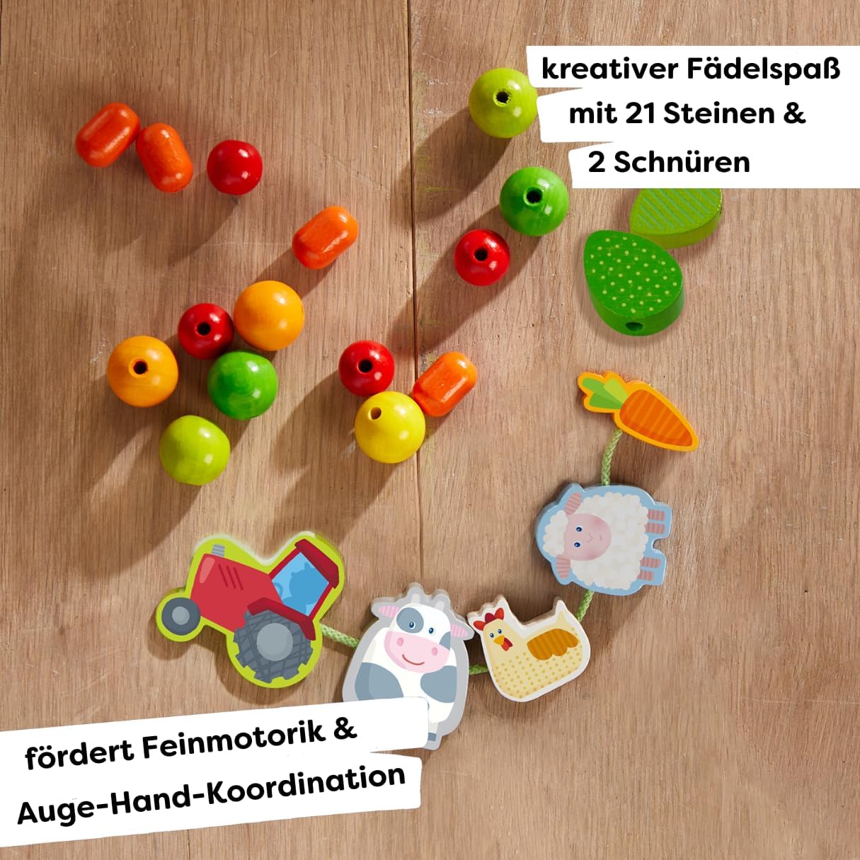 HABA Threading Game Farm Friends - Creative Educational Game & Threading Chain with 21 Wooden Beads & 2 Cords Including Template Cards - Threading Fun for Children from 3 Years - 1305780001