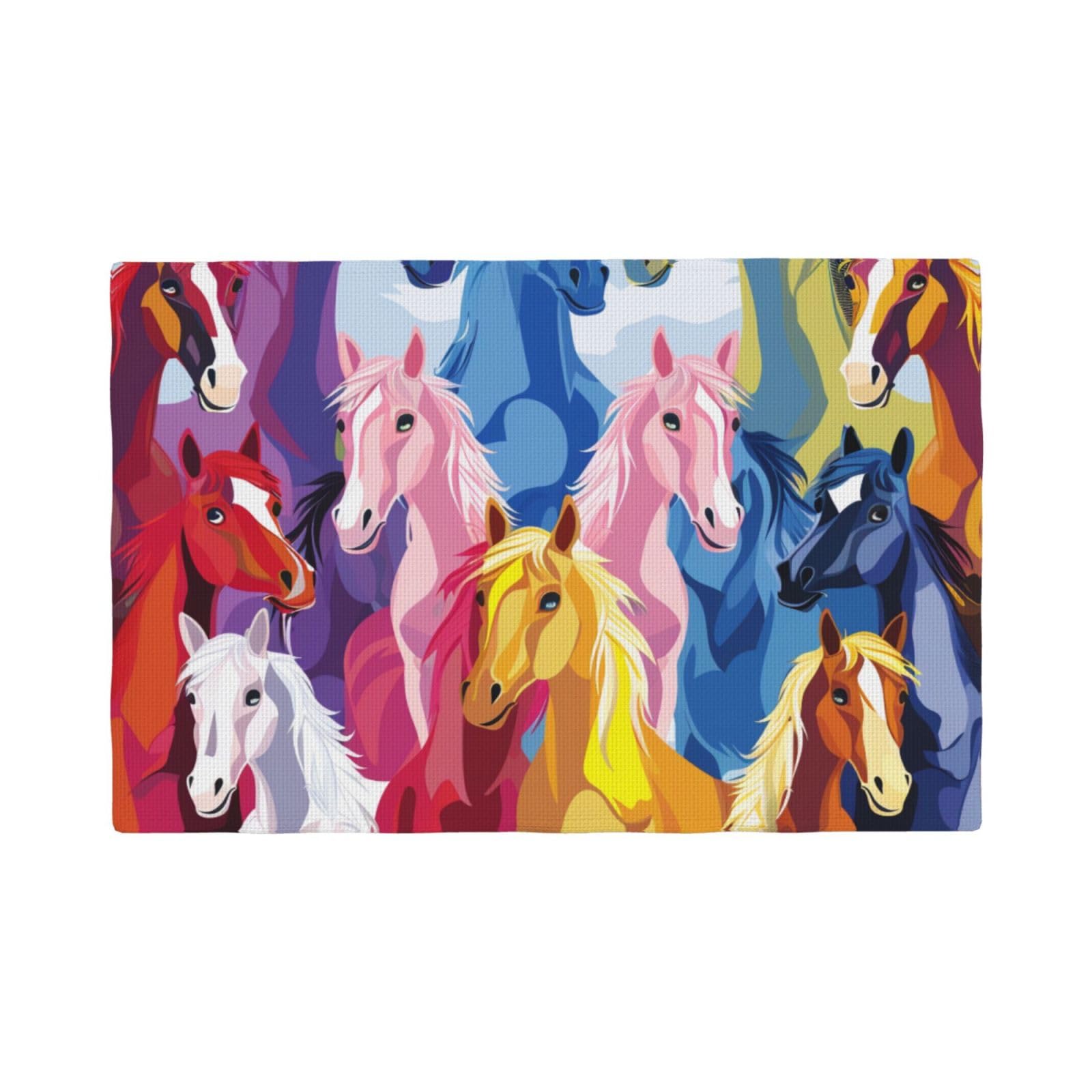 Cute Cartoon Horses Print Placemats Set, Heat Resistant Washable Placemat 12x18in Table Mats for Party Kitchen Dining Table Decoration Indoor Outdoor, Six Piece