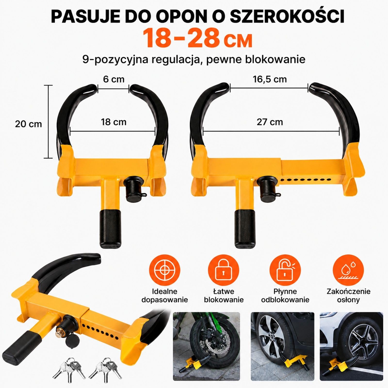 Zaciski do kół 2 szt, żółte, stal Q235, 9 regulowanych pozycji, 6 kluczy, do samochodów, SUV, przyczep i kamperów