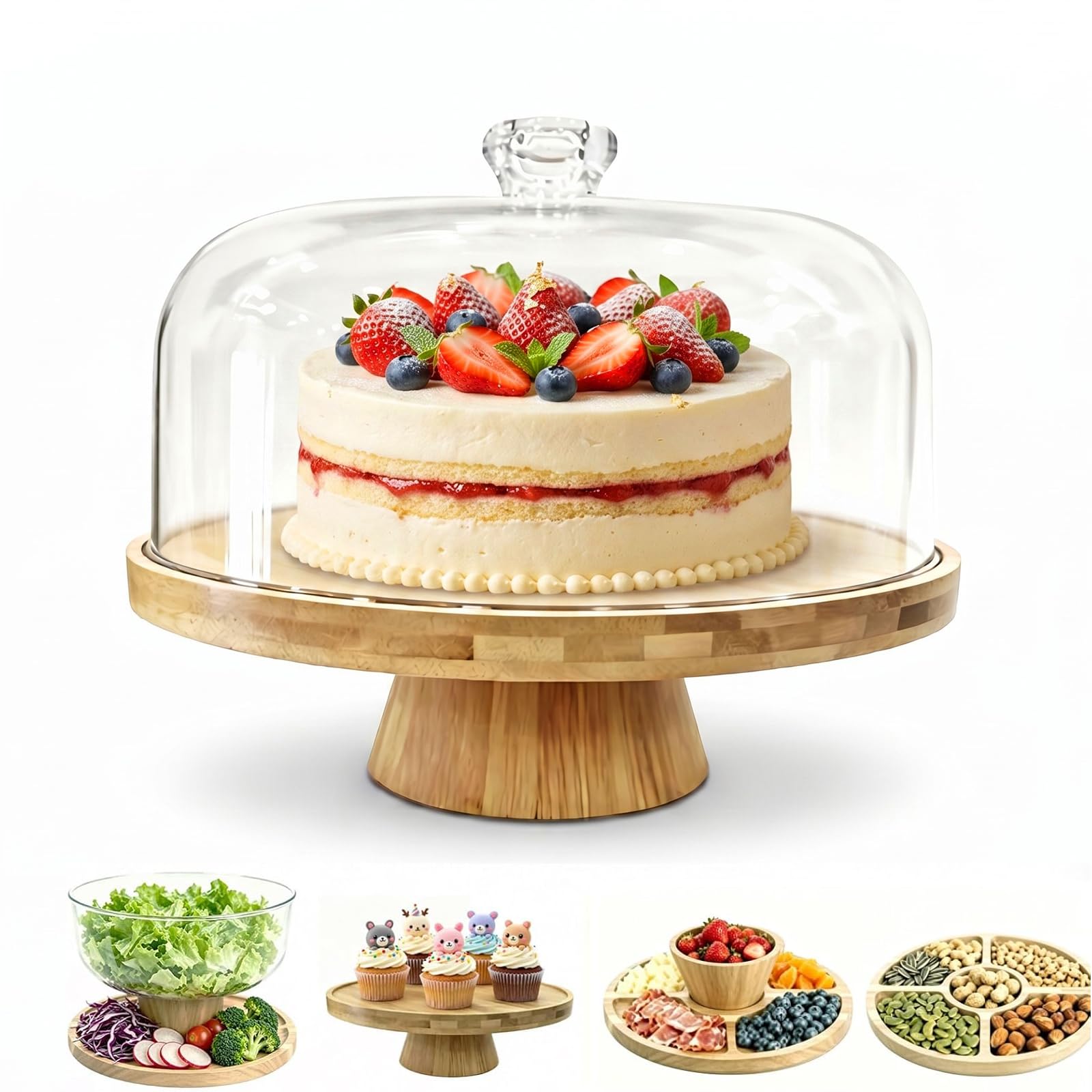 Patera na tort z pokrywką, drewniana patera na tort z pokrywką i nóżką, obracana patera do ciasta, patera na tort, do dekoracji ciast