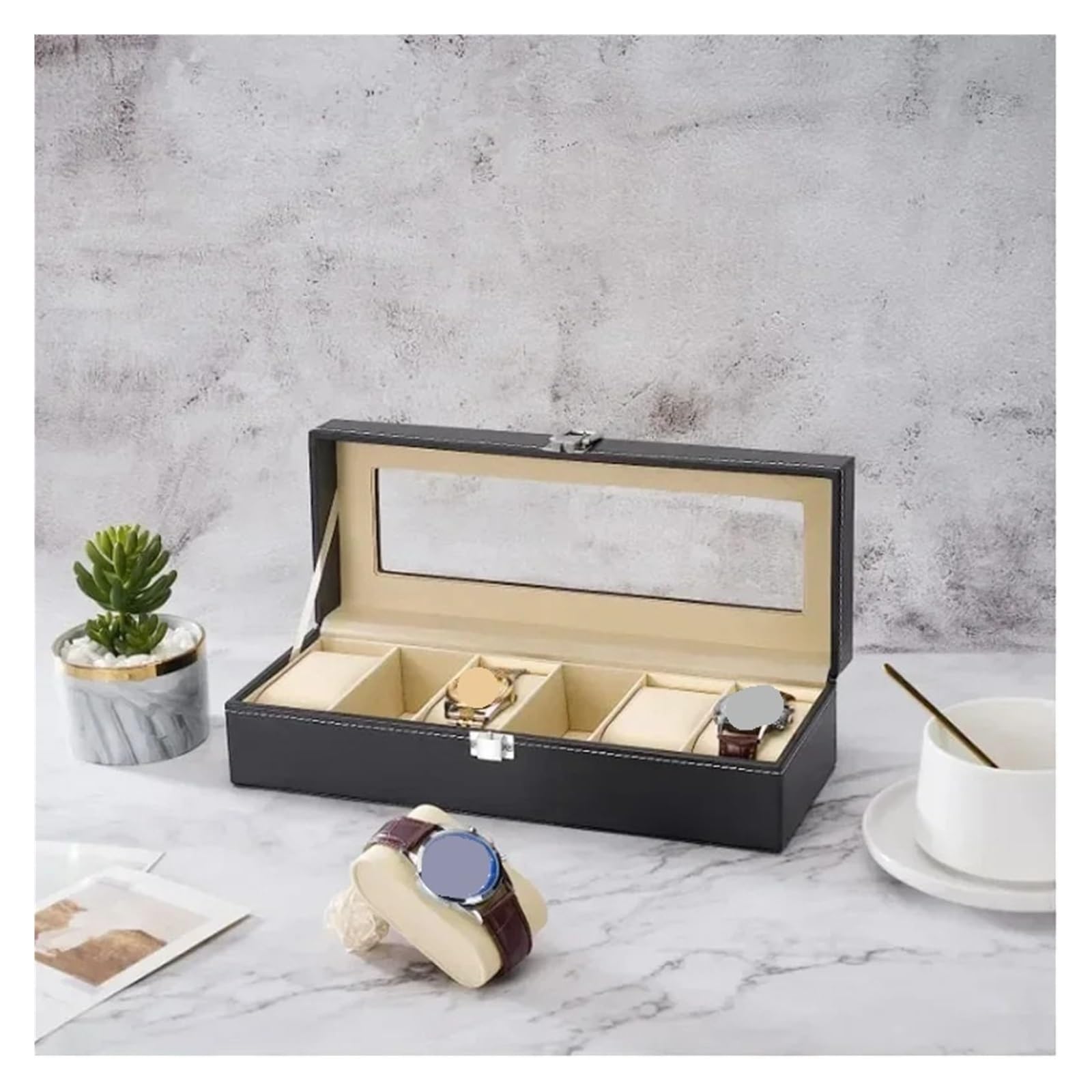 Uhrenbox aus PU-Leder mit Glasplatte, Aufbewahrungsbox for Uhren, Uhrenhalterung, Geschenke zur Aufbewahrung von Uhren(Color 1)