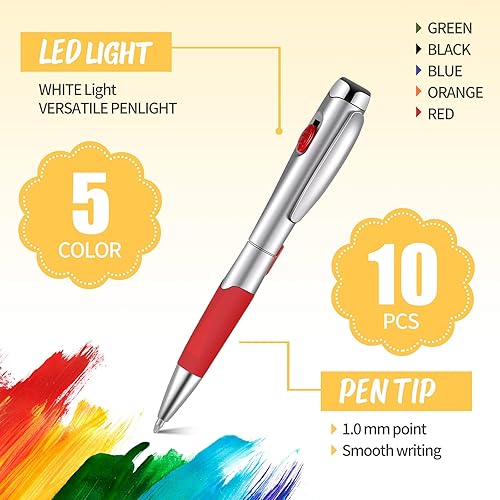 Miniatura 2 de 10 bolígrafos con luz LED, 5 colores 1.0, bolígrafos de tinta negra con linterna, bolígrafos giratorios para escribir en la oscuridad, papelería,