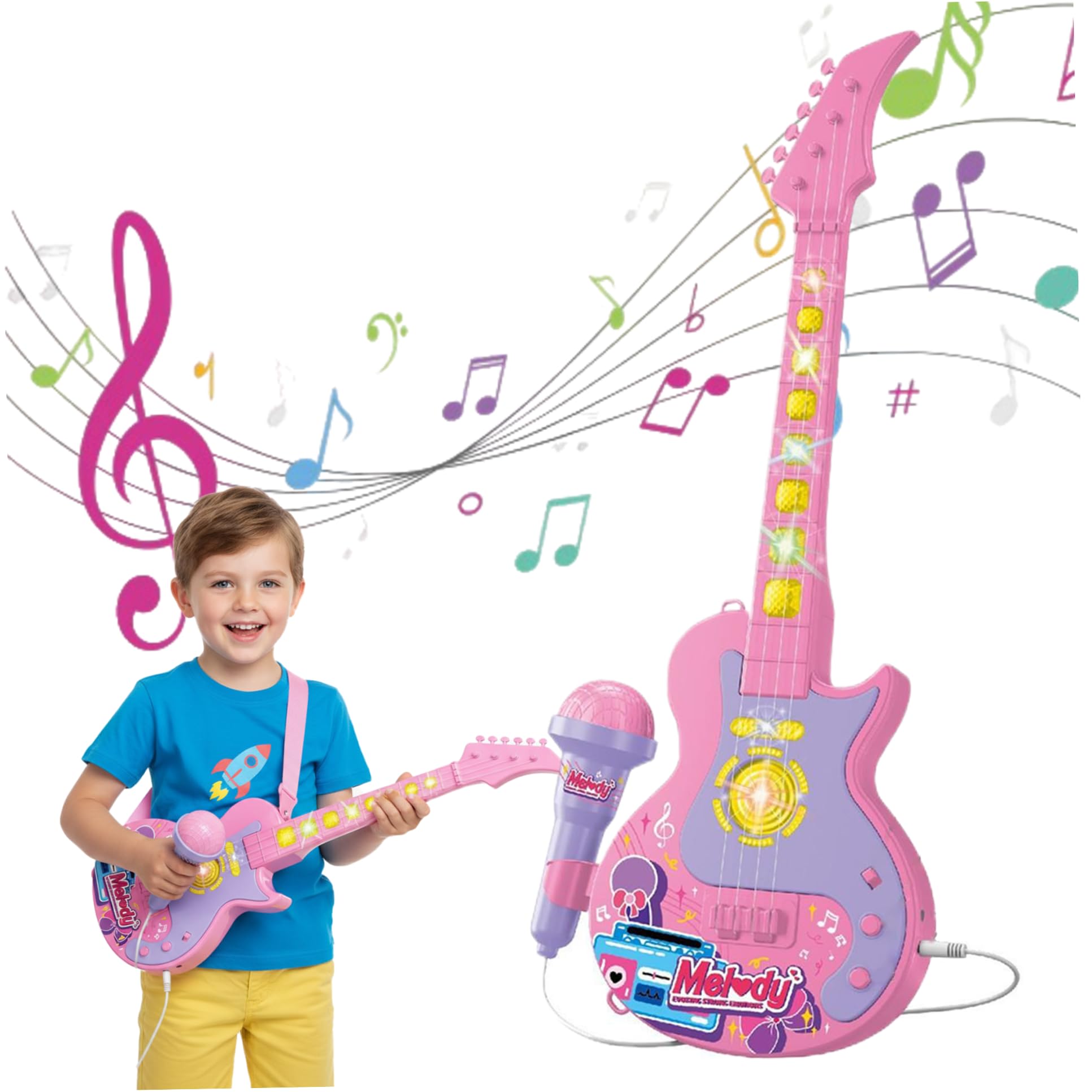 Juego de Guitarra y micrófono para niños con música y luz Guitarra micrófono 2 en 1 para niños pequeños