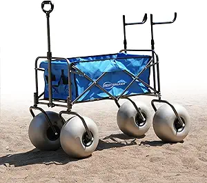 Beach Cart with 13" Balloon Wheels, Collapsible Wagon with Big Wheels for Sand, Adjustable Chair Racks Holds Up to 4 Folding Chairs, Pump Included