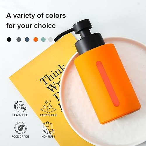 Miniatura 6 de Enra Dispensador de jabón de vidrio de otoño con ventana, dispensador de jabón de baño naranja de 12 onzas con bomba de loción de acero inoxidable,