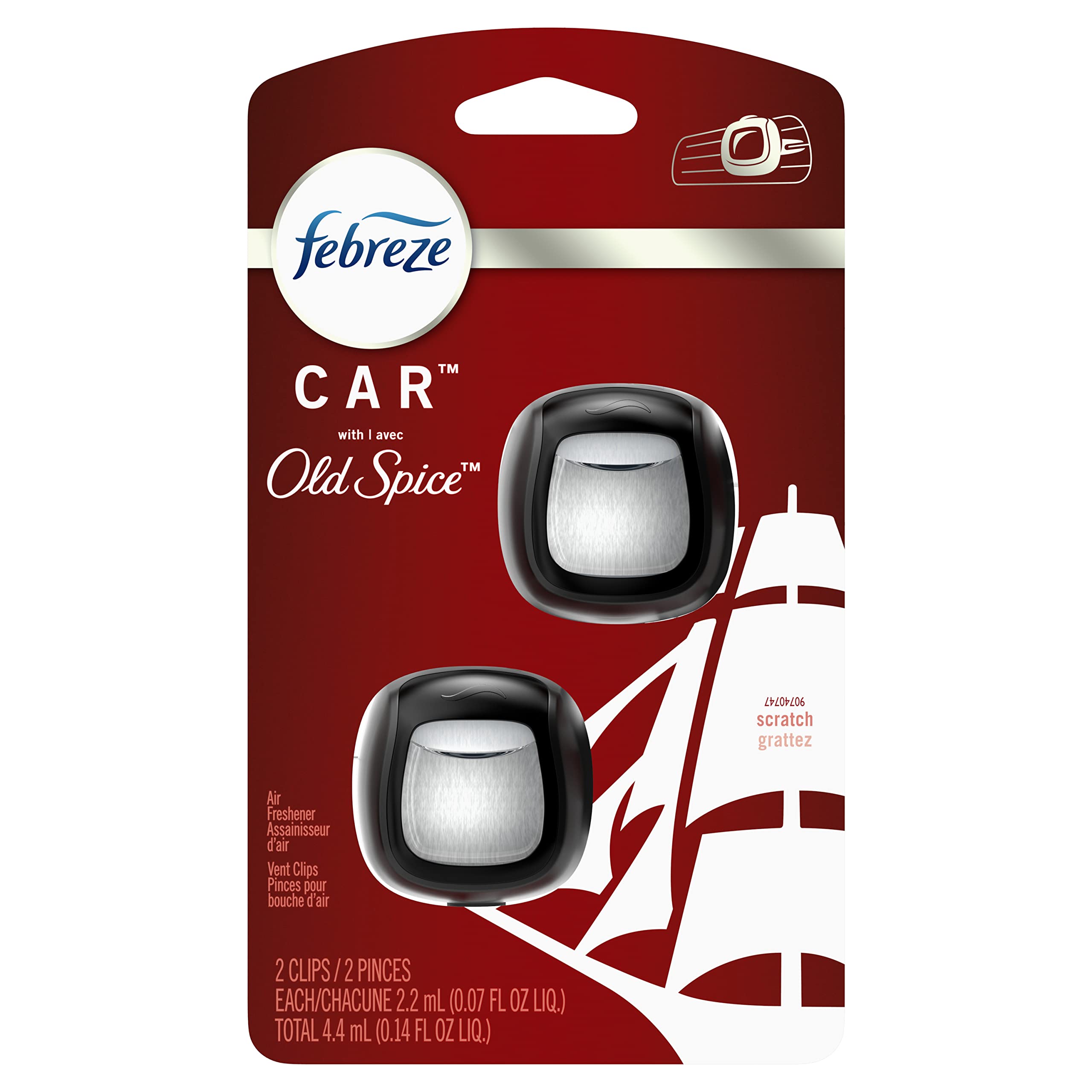 Febreze Car Vent Clip Air Freshener, Odor Eliminator for Up to 30 Days Freshness, 2 Clips (Old Spice)