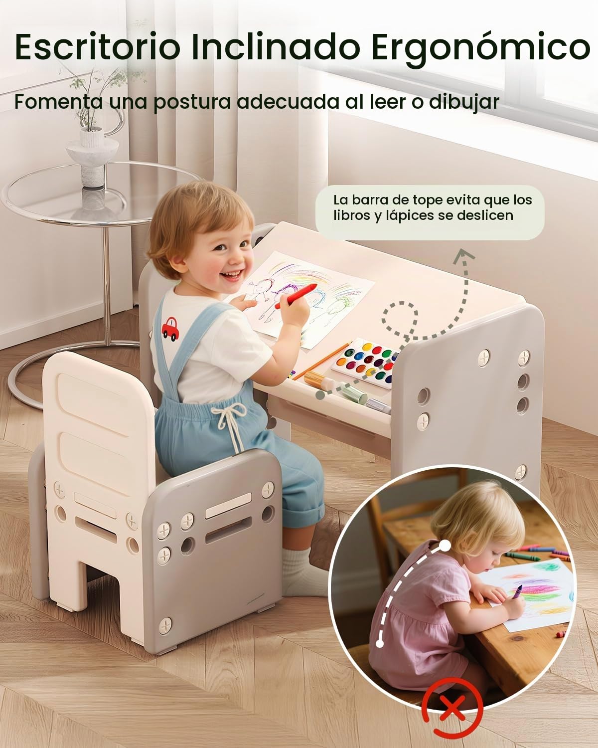 Mesa y Silla para Niños, Mesa de Actividades con Superficie Inclinada para Dibujar, Leer, Escribir y Jugar(Gris)