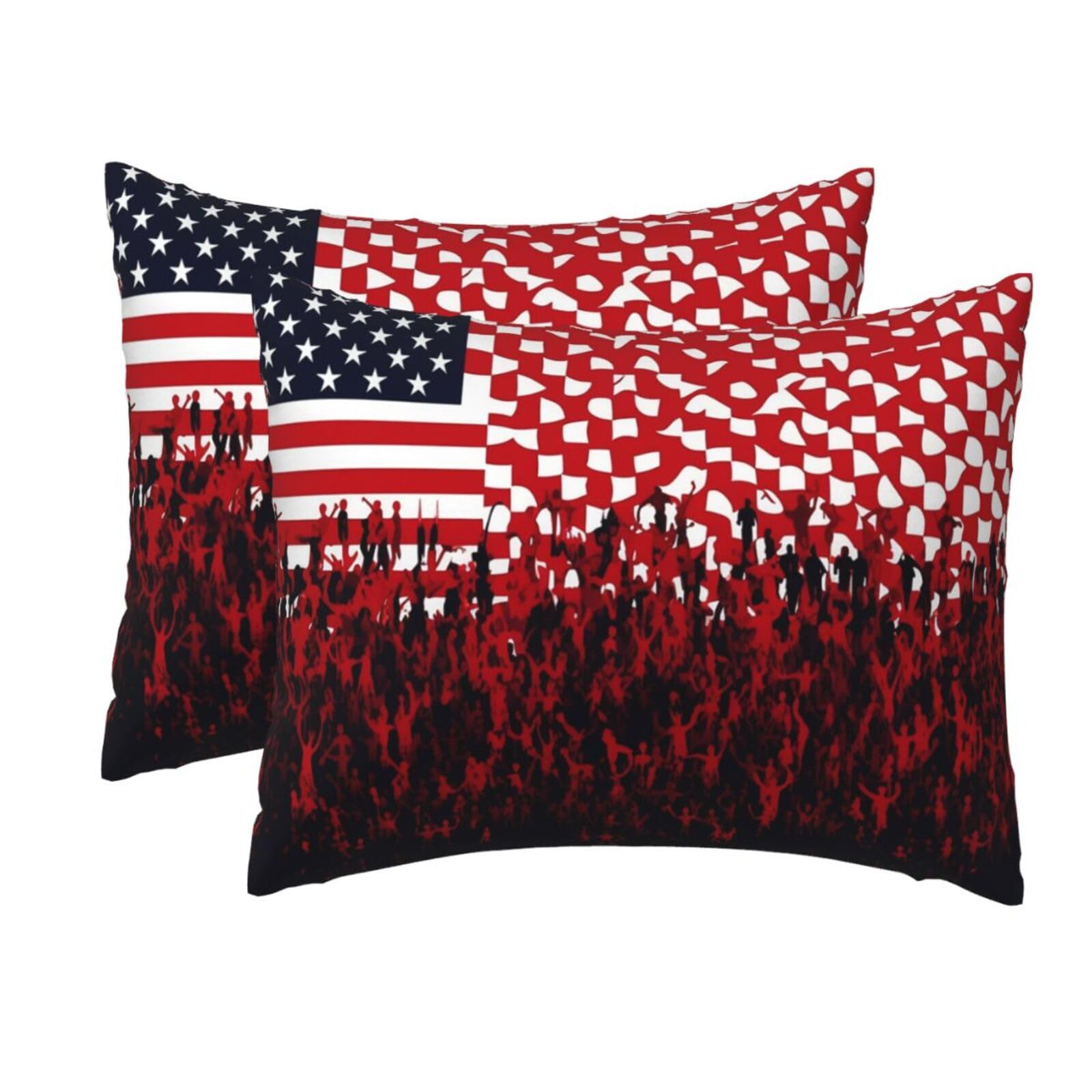 2 Pack Standard Size Pillow Cases for Hair and Skin Soft Breathable Pillow Case Covers with Hidden Zipper Flag and Crowd Pillowcase 20x26 Inches Pillow Cover for Sleeping Gift