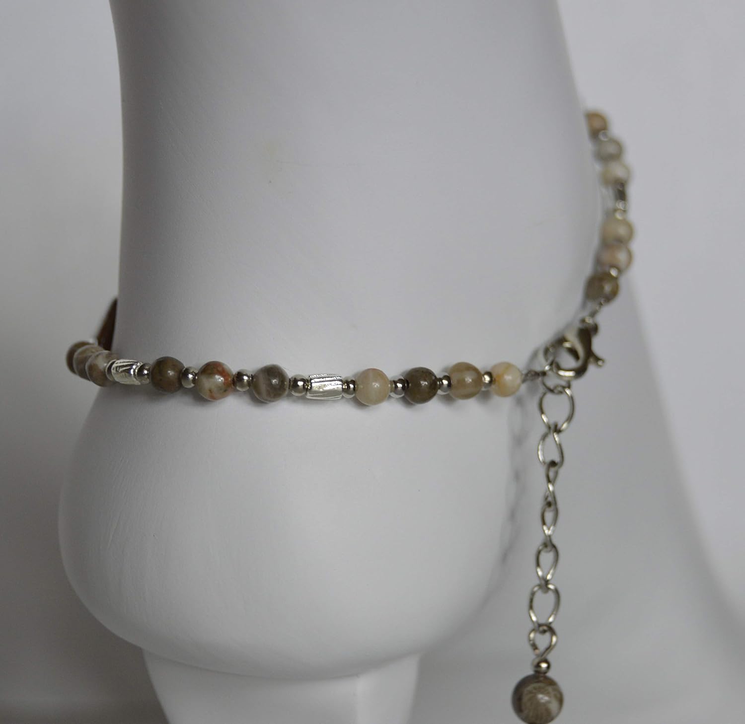 Lovely Fossils Coral and Puddingstone bead Anklet jewelry adjustable one of a kind natural stone