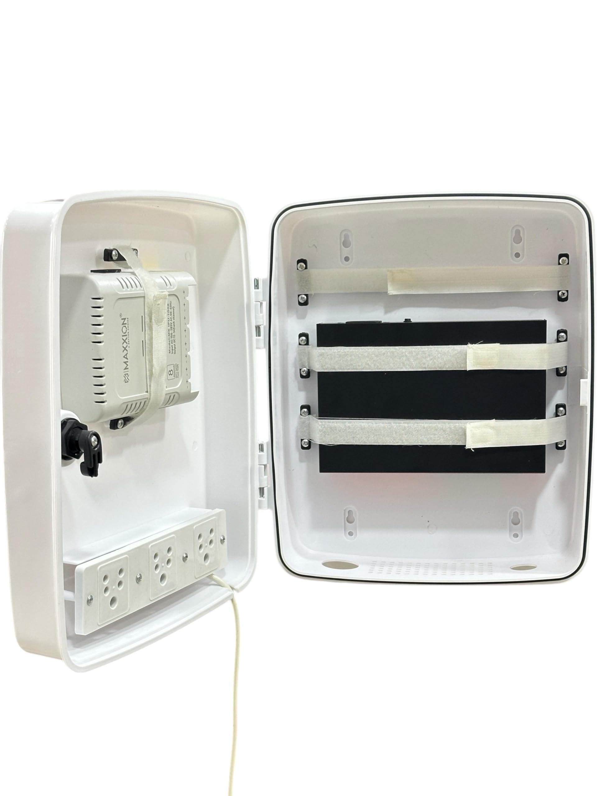 MAXXION PVC DVR Box Rack Organizer for CCTV | 4/8 Channel Compatible | DVR, NVR, POE Switch & SMPS | 3 Fused Power Sockets | Indoor Outdoor Electronic Junction Box 4