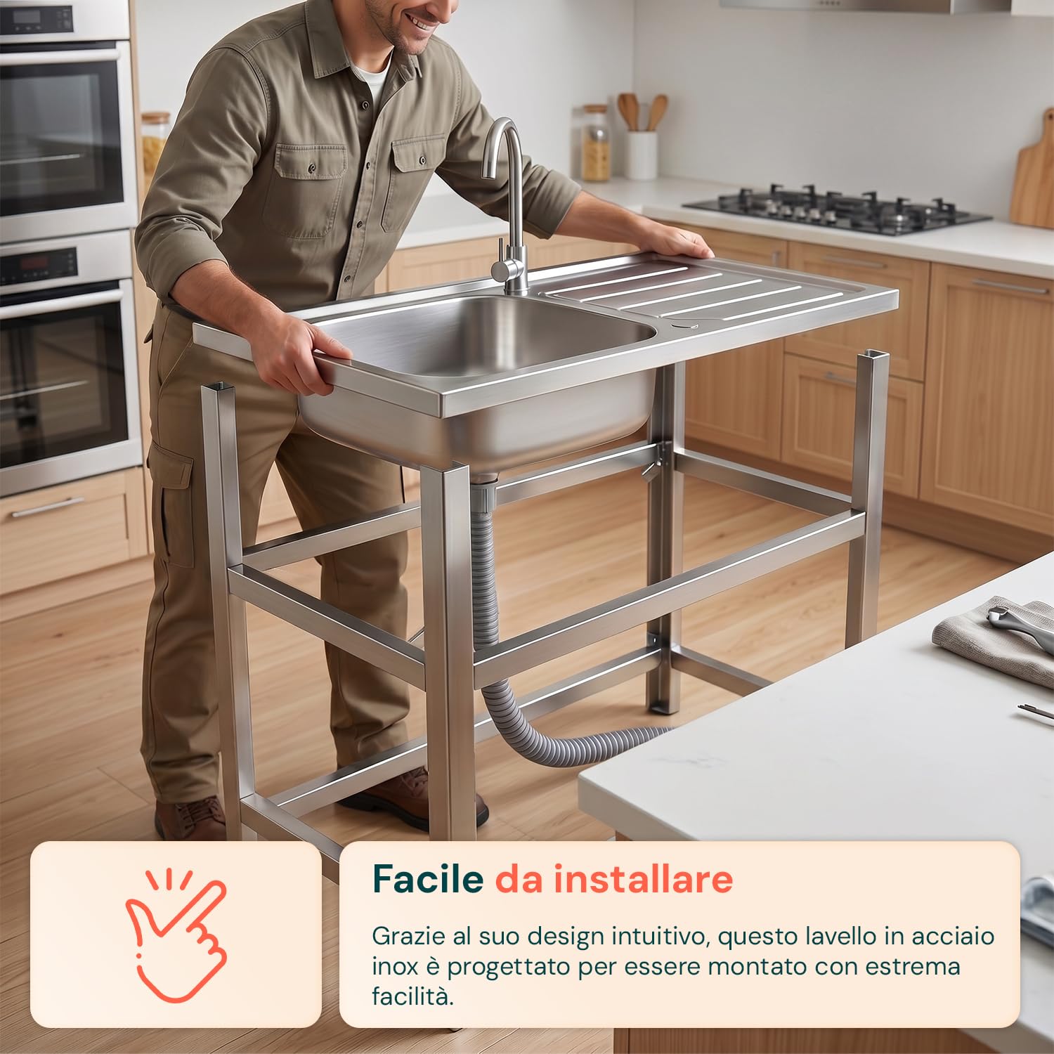 Avilia - Lavello Multifunzione in Acciaio Inox Professionale con Fontana – Lavandino da Esterno e Interno Reversibile – Dimensioni 75x40x80 cm con Doppia Mensola, Rubinetto e Kit Scarico Completo