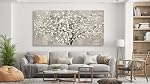 Tigeridge Blooming Flower Tree Toile Art mural - White Blossoms Green Leaves Pictures Wall Decor Soft Grey Painting Artwork Elégant imprimé floral Chambre à coucher Salon Decor prêt à accrocher 120x60cm