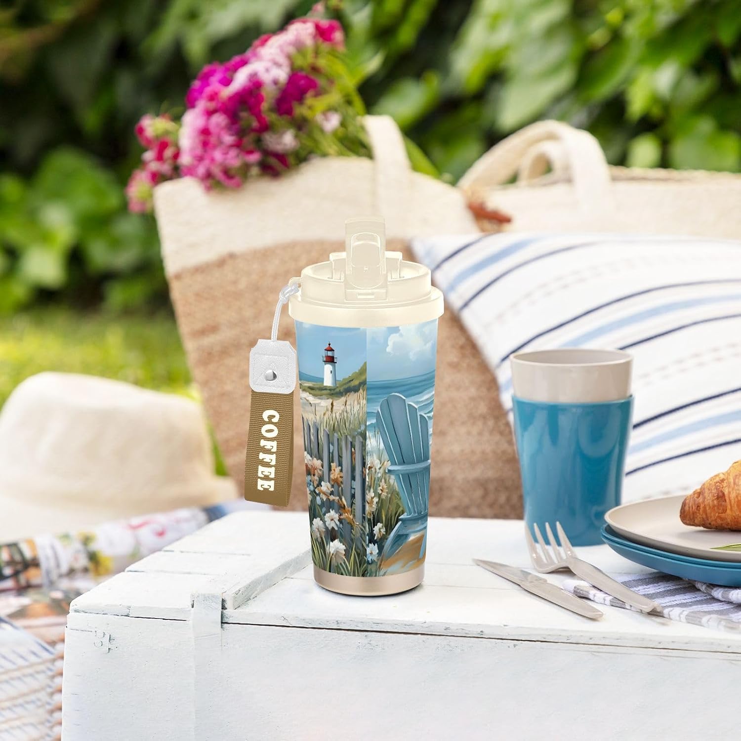 Insulated Coffee Mug Beach Fence Flower with Straw & Flip Lid, 16.9oz Iced Tumbler Cup, Double Wall Vacuum Mug for Travel Office Camping