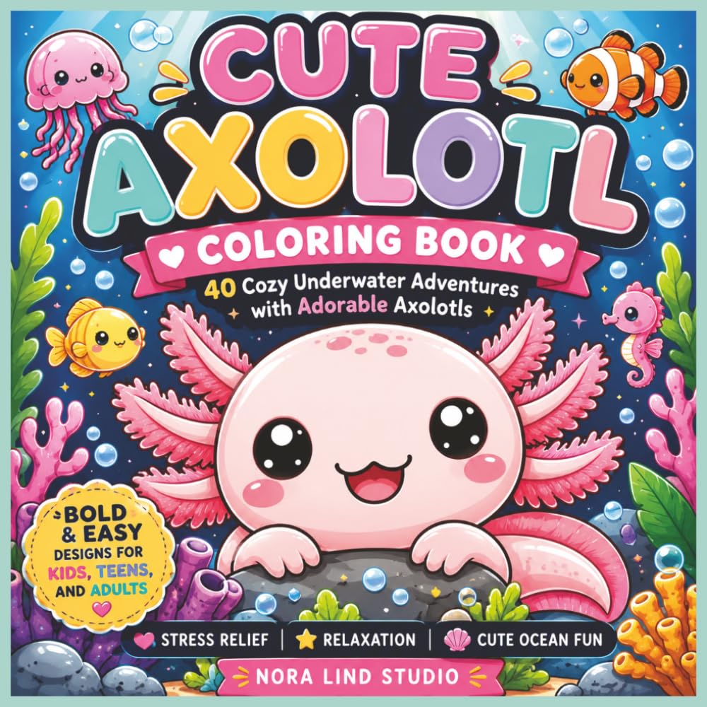 Cute Axolotl Coloring Book: 40 Cozy Underwater Adventures with Adorable Axolotls | Bold and Easy Coloring Pages for Kids, Teens, and Adults | Stress Relief, Relaxation, and Cute Ocean Fun