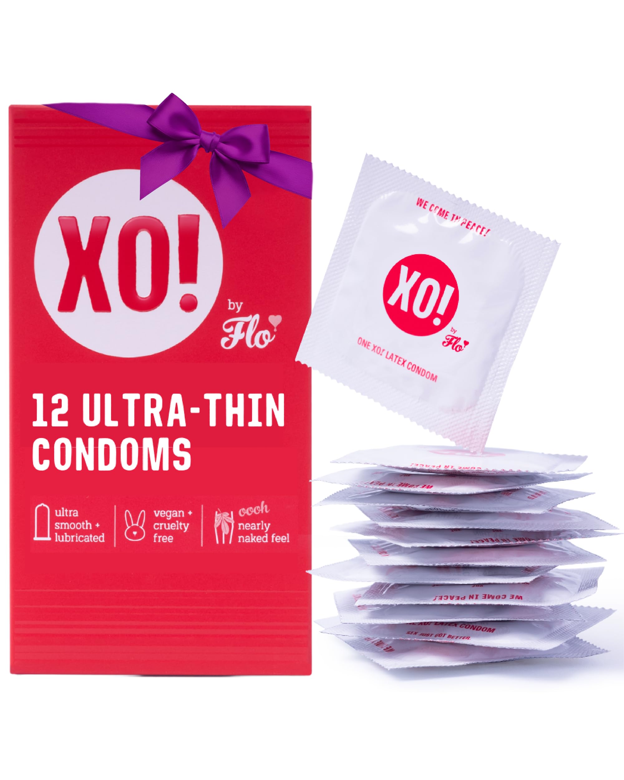 XO! Ultra-Thin Condoms, Natural Feel Lubricated Latex Condoms, Smooth & Unscented, Eco-friendly & Extra-Safe - Pack of 12