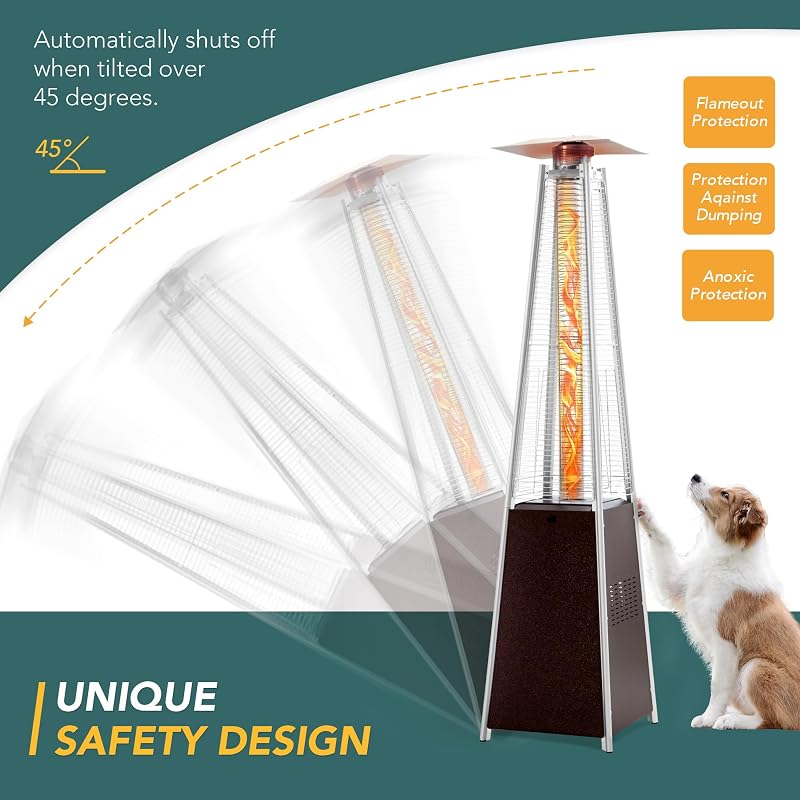 Pamapic 89" Pyramid Patio Heater Outdoor, Propane Flame Tower with Quartz Glass Tube, Outdoor Heaters with Wheels & Cover for Deck, Porch, Backyard, Garden, Hammered Bronze image 5