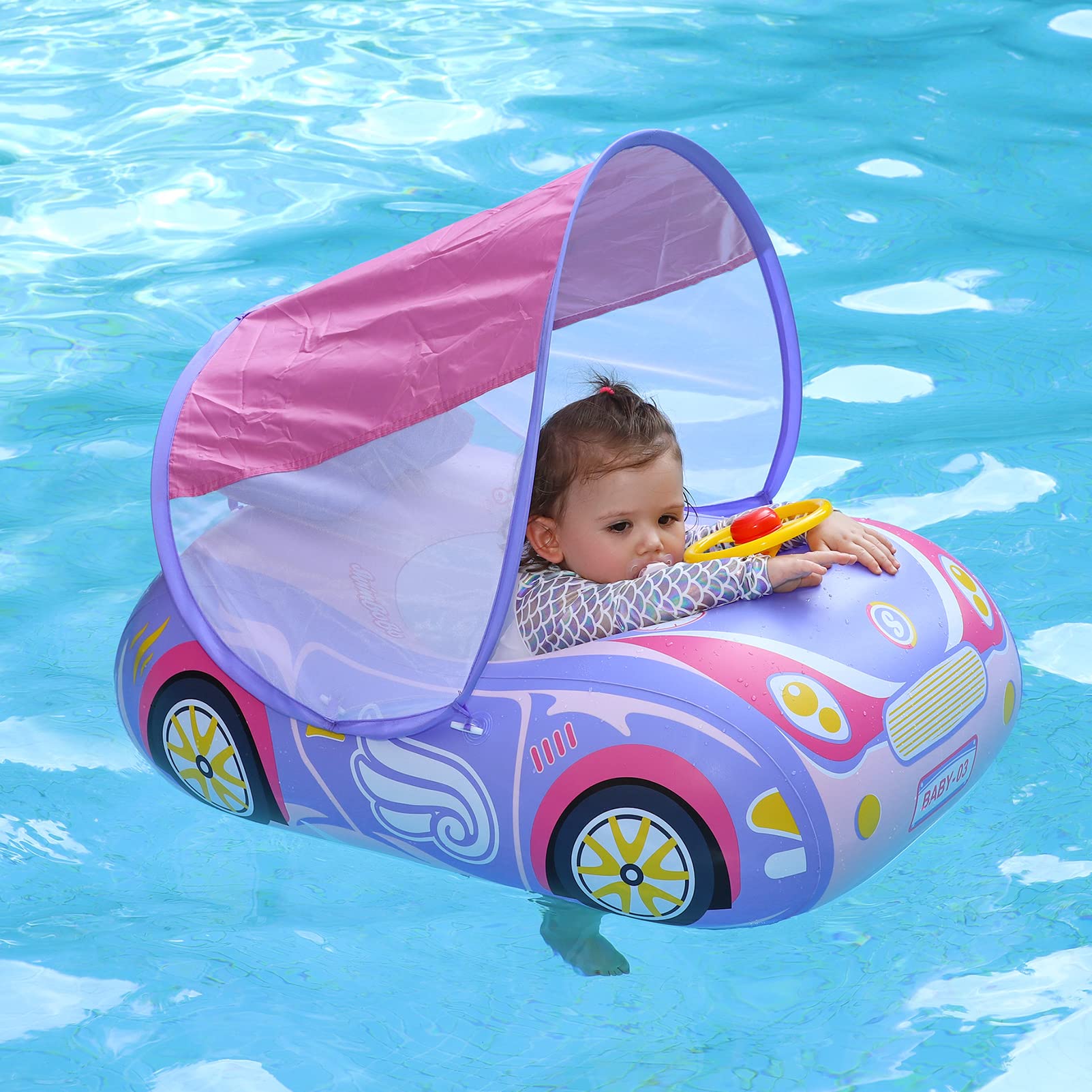 Swimbobo Toddler Pool Float Inflatable Car Baby Swim Float with Adjustable Sun Canopy and Safety Seat Pool Toys for Kids 1-4 Years Old (Princess Pink)