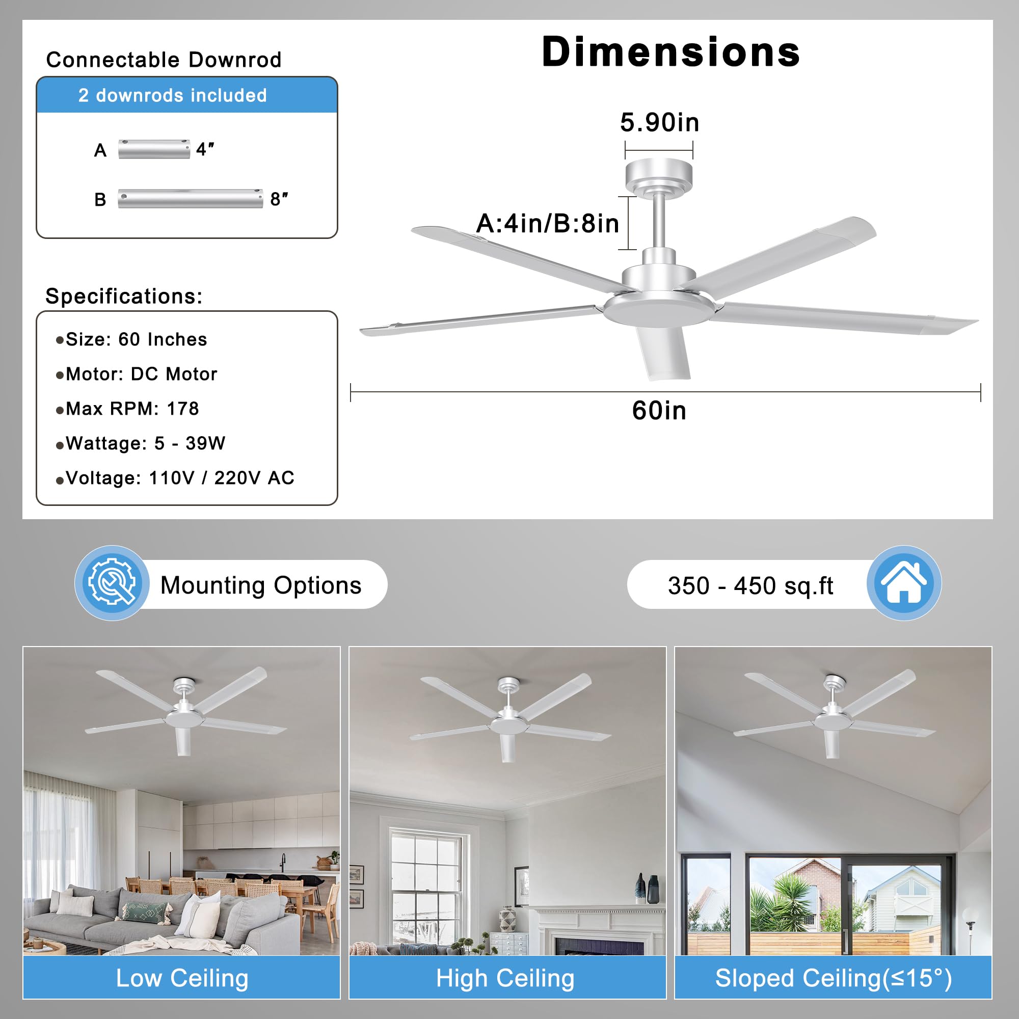 Ohniyou 152 cm Deckenventilator Ohne Licht – Großer Industrieller Deckenventilatoren Mit Fernbedienung & App-Steuerung, 5 Aluminiumflügel, Leiser DC-Motor Für Terrasse, Wohnzimmer, Garage, Silber