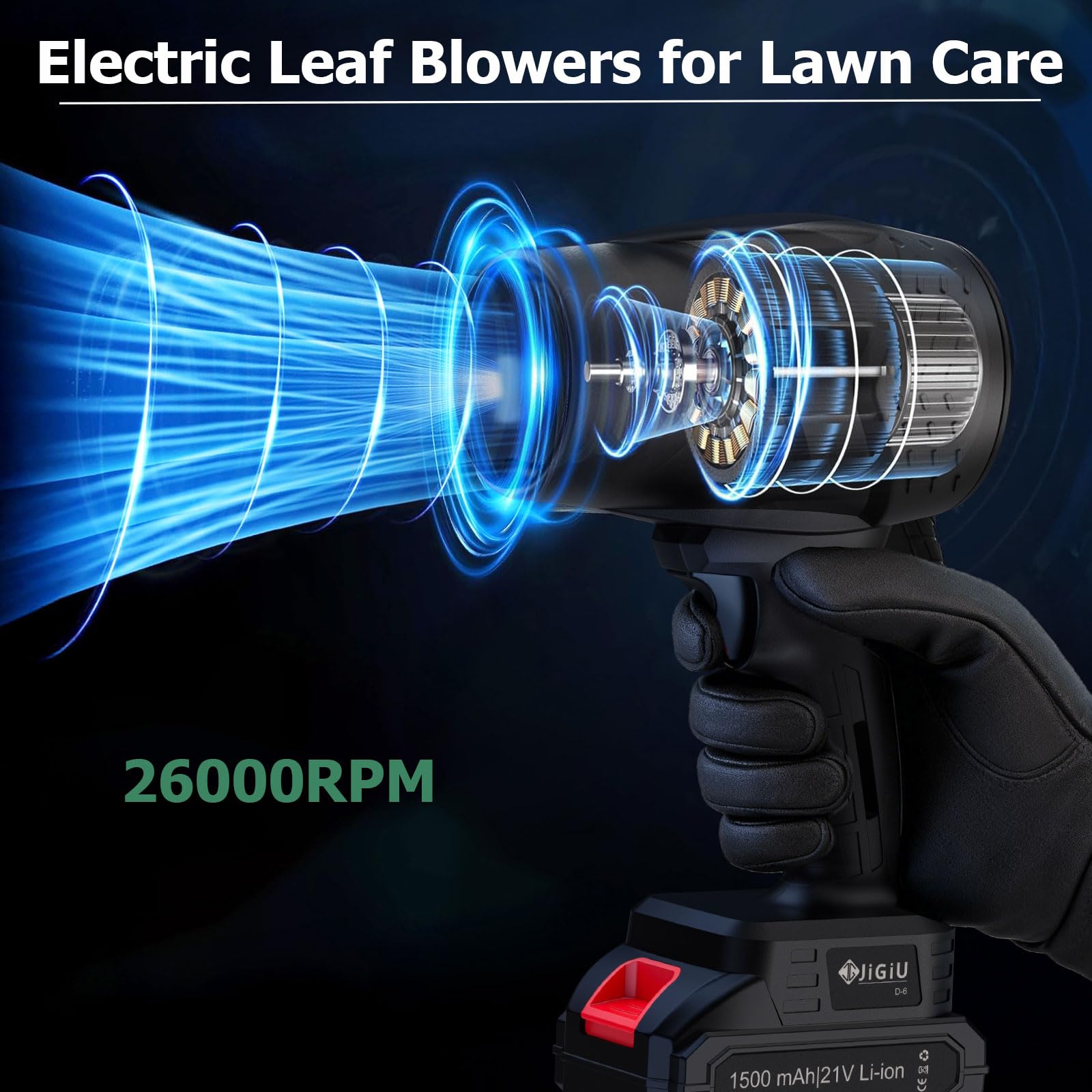 JiGiU Soplador de Hojas Inalámbrico con Batería 21V, Soplador de Aire sin Cable de 21V 26000RPM para Limpiar el Coche, el PC, el Patio y el Jardín Ligero Nieve con 2 Pilas Recargables
