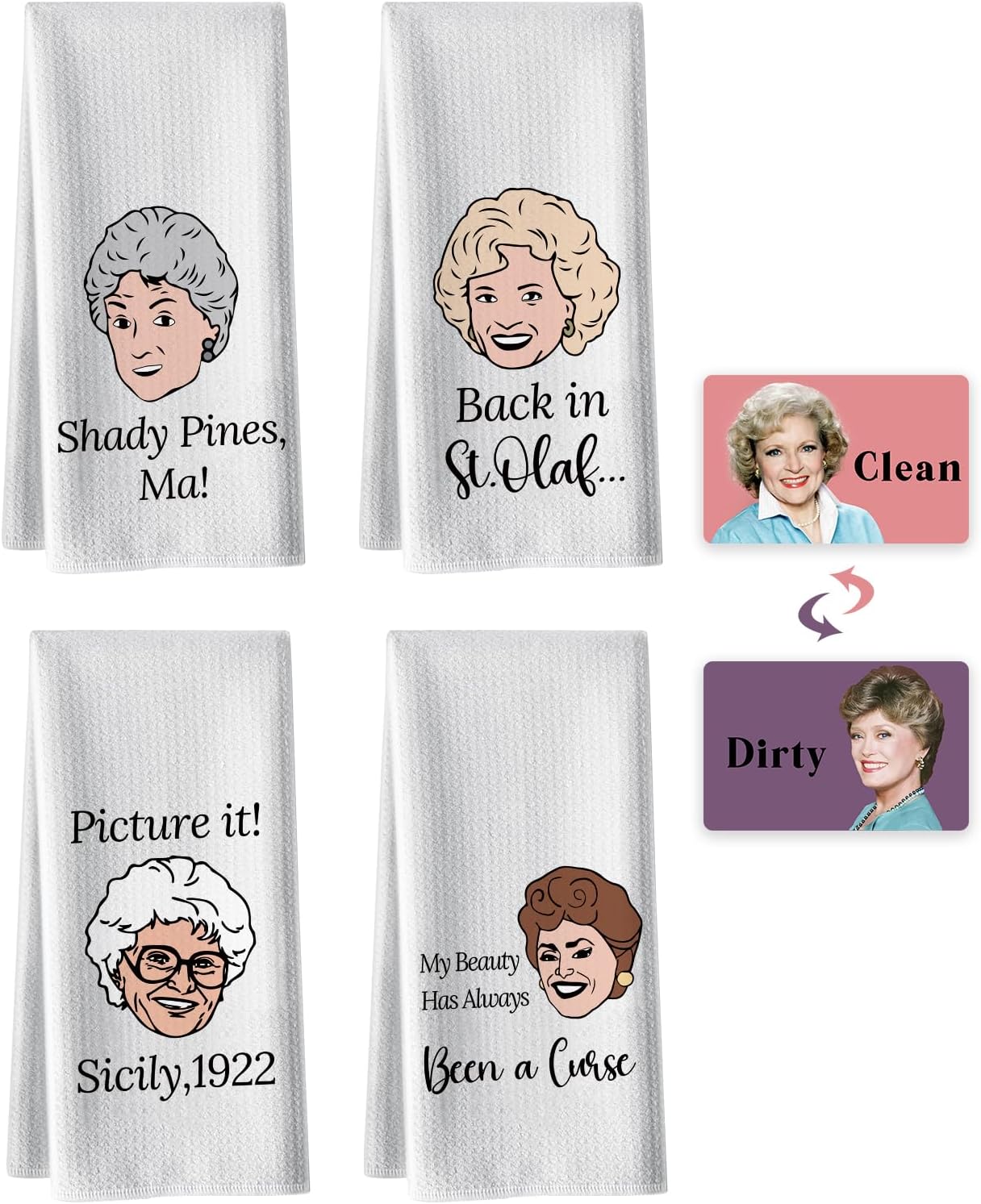 Golden Girls TV Show Merchandise Kitchen Gifts,4 Pcs Cute Dish Towels and Clean Dirty Magnet for Dishwasher Sign,Funny Cute Kitchen Towels Golden Girls TV Show Fans Birthday
