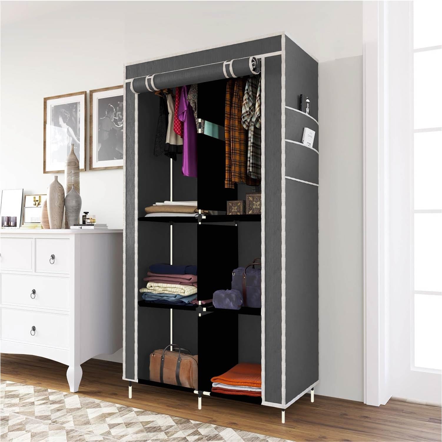 Maison & Cuisine Wardrobe Organizer with Plastic Frame | Portable Closet with 6 Shelves & Side Pockets | Non Woven Cover | Ideal for Clothes, Shoes & Accessories (Grey) 26x13x61.4Inch (8800-3)-image-46