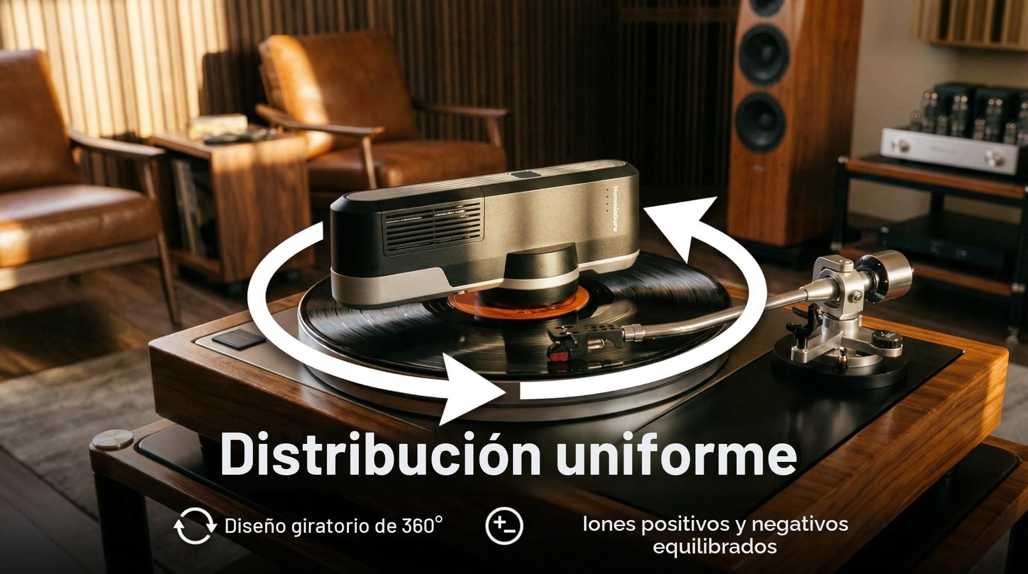 HumminGuru Removedor Estático Orbit para Discos de Vinilo, Máquina Limpiadora de Discos de Vinilo Elimina La Carga Estática Uniformemente, Ionizador Giratorio de 360° LP, Kit de Limpieza de Accesorios