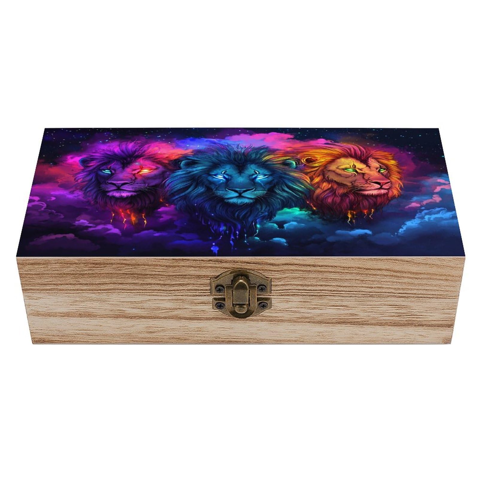 asbwuo 3 Magical Lions Neon Colors Wooden Storage Box with Hinged Lid