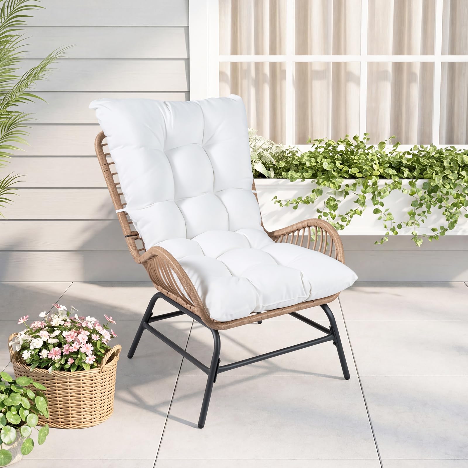 COSTWAY 2er Set Gartenstühle Rattan Wetterfest, Gartensessel mit dickem Kissen, Rattansessel XXL, Terrassenstühle, Rattanstühle bis 150 kg belastbar, für Garten, Terrasse, Balkon (Weiß)