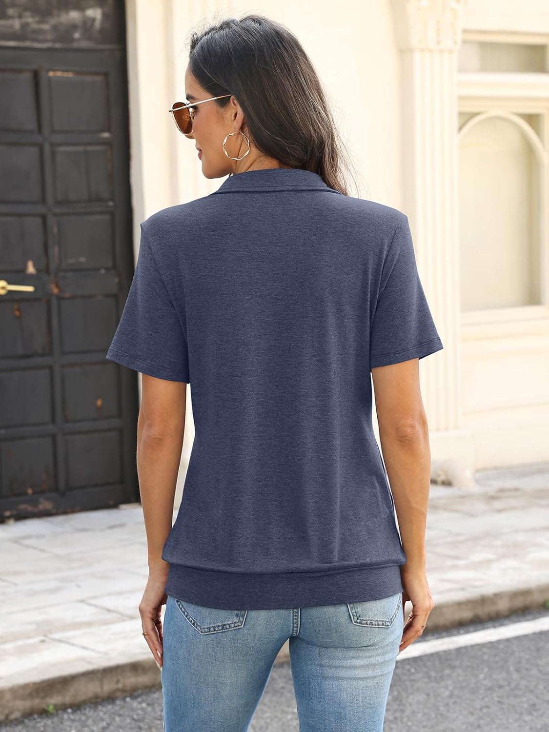 Womens Polo Shirts Short Sleeve Banded Bottom Tops Business Casual Tops Collared V Neck Dressy Blouses - Image 3