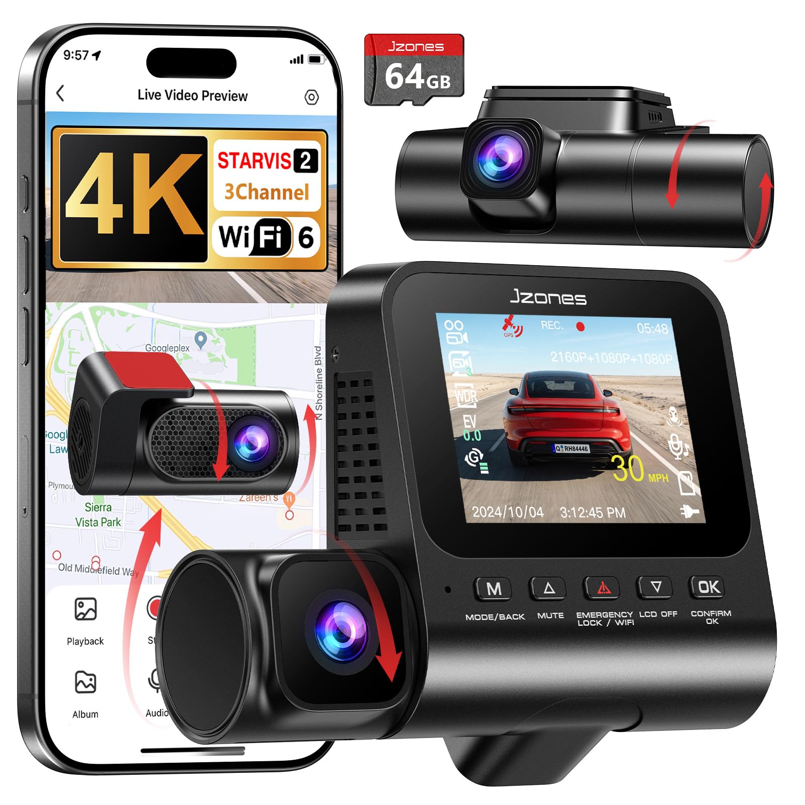 Dashcam 3 Canales STARVIS 2 y HDR - Dashcam Cámara Coche 4K Frontal, Camara vigilancia Coche 1080P Interior y Trasero,WiFi 6,GPS,G-Sensor,vigilancia del estacionamiento Las 24 Horas, Tarjeta de 64GB