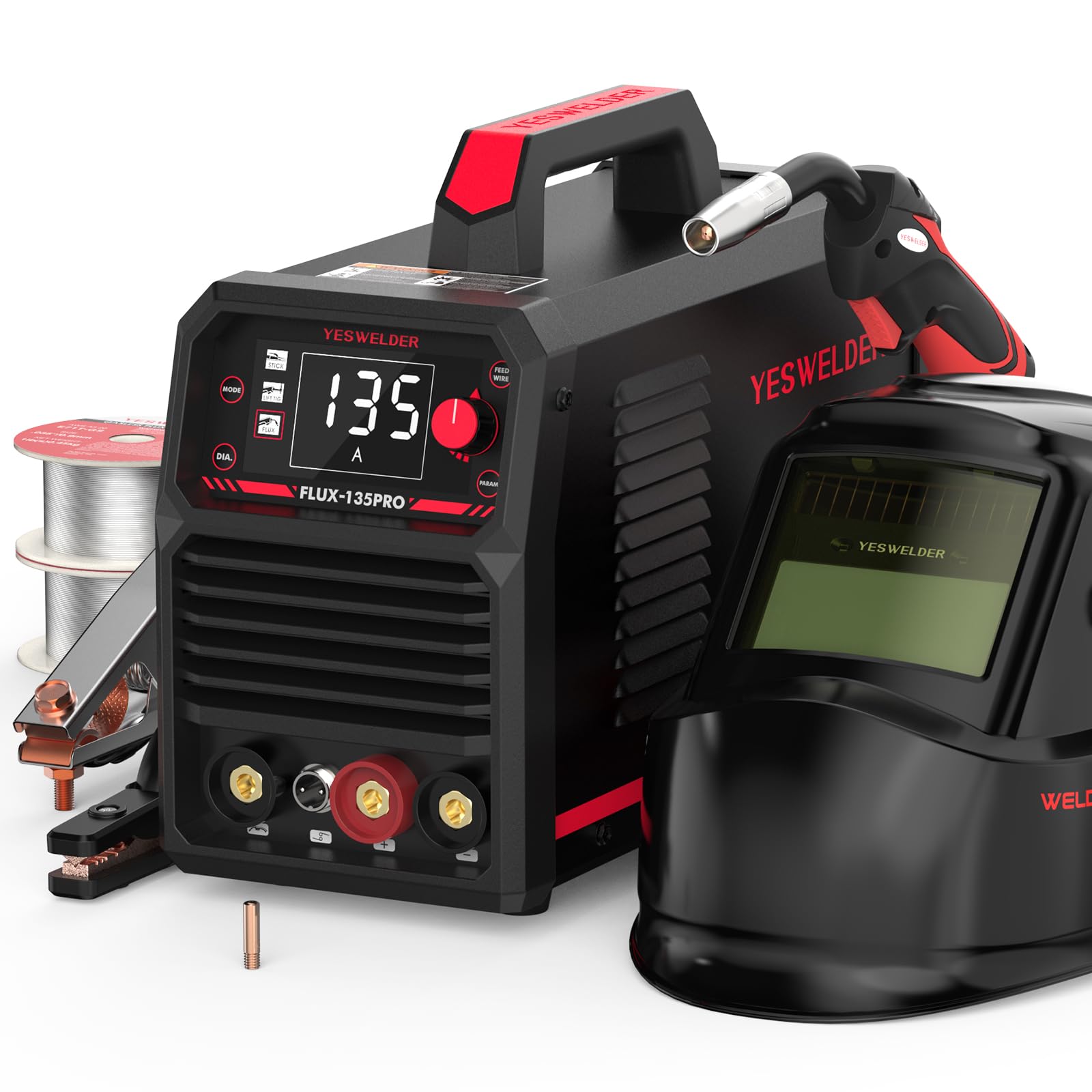 YESWELDER 135Amp 플럭스 코어 MIG 용접기 FLUX-135PRO, 110V 플럭스 코어 MIG/리프트 TIG/스틱 3-in-1 디지털 디스플레이 용접기 및 LYG-L600A 자동 다크닝 블루 라이트 차단 용접 헬멧