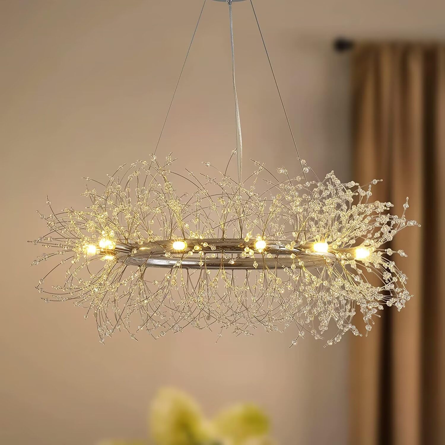 HYJAUSXB Luxury Modern Crystal Firework Chandelier with Satellite Design for Bedroom Living Room Dining Kitchen Featuring Dandelion Elements