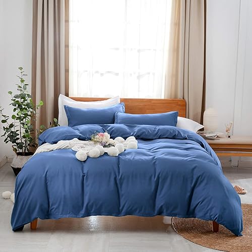 Uhsupris Navy Blue Duvet Covers King Size 3 Pieces Solid Color Bedding Set with Zipper&Corner Ties(No Comforter)