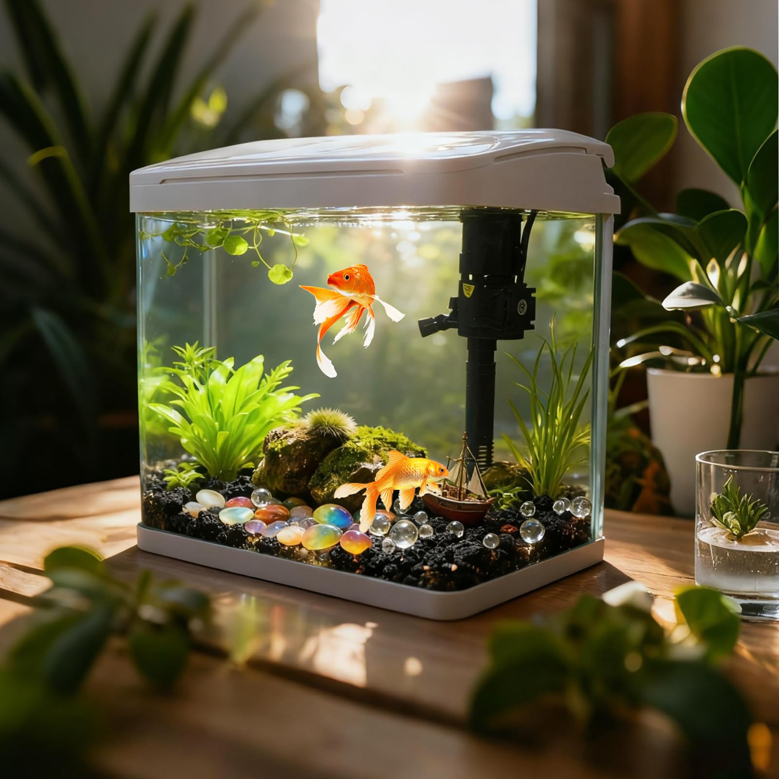 Tanque de acuario de vidrio mediano de 34 litros con filtro y luz, kit todo en uno de vidrio de escritorio con bomba para peces dorados, betta, camarones, blanco (XS-400)
