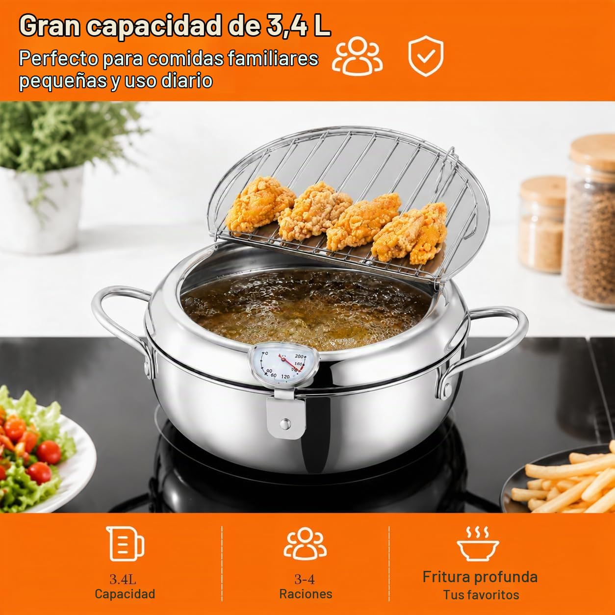 Olla Freidora con Termómetro,3.4L Freidora Pequeña de Acero Inoxidable