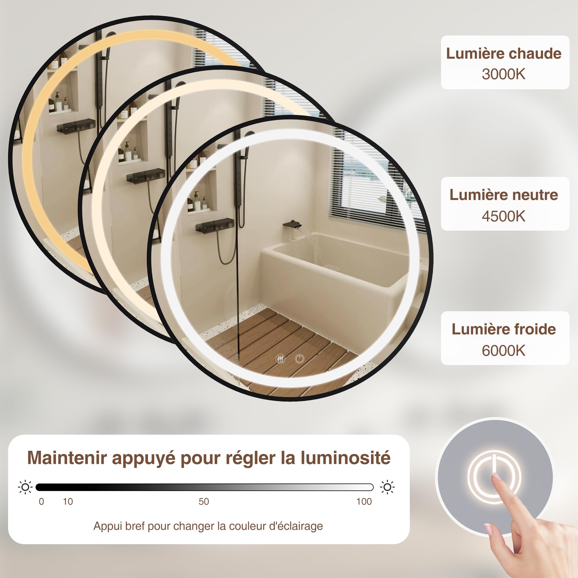 Armoire Miroir Salle de Bain avec Éclairage et Antibuée Murale Ronde Armoire de Toilette avec Miroir et Loupe grossissante 10x Noir 50x50 Meuble Salle de Bain avec Prise (Aucun Assemblage requis)