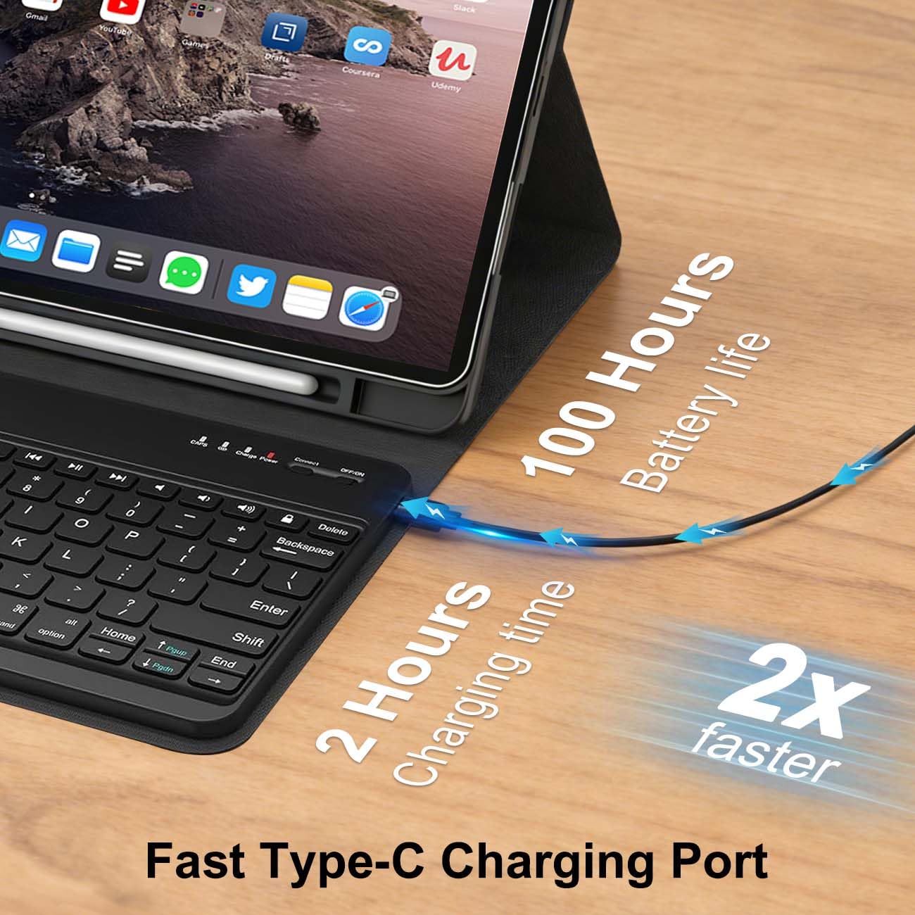 Funda con teclado desmontable para iPad Pro de 12.9 pulgadas, 7 colores retroiluminados, recargable, con soporte para lápices, para 1ª y 2ª generación (2015/2017), escritura Bluetooth para