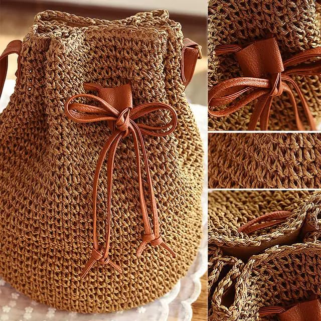 Image of MAIRO LIFESTYLE Straw Wicker Handmade Boho Summer Beach Drawstring Tote Bag