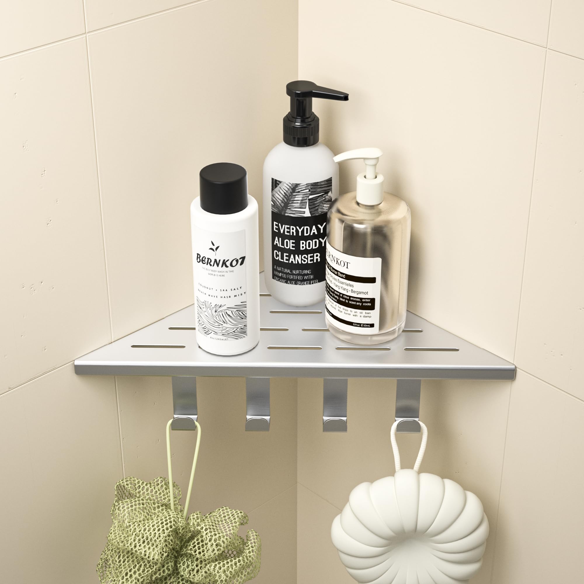 Eck-Duschregal aus 304 Edelstahl mit 4 verschiebbaren Haken | Upgrade 25,4 cm Eckregal Dusche, Duschablage Ecke für Badrenovierung & Umbau, passend für geflieste Wände, gebürstet