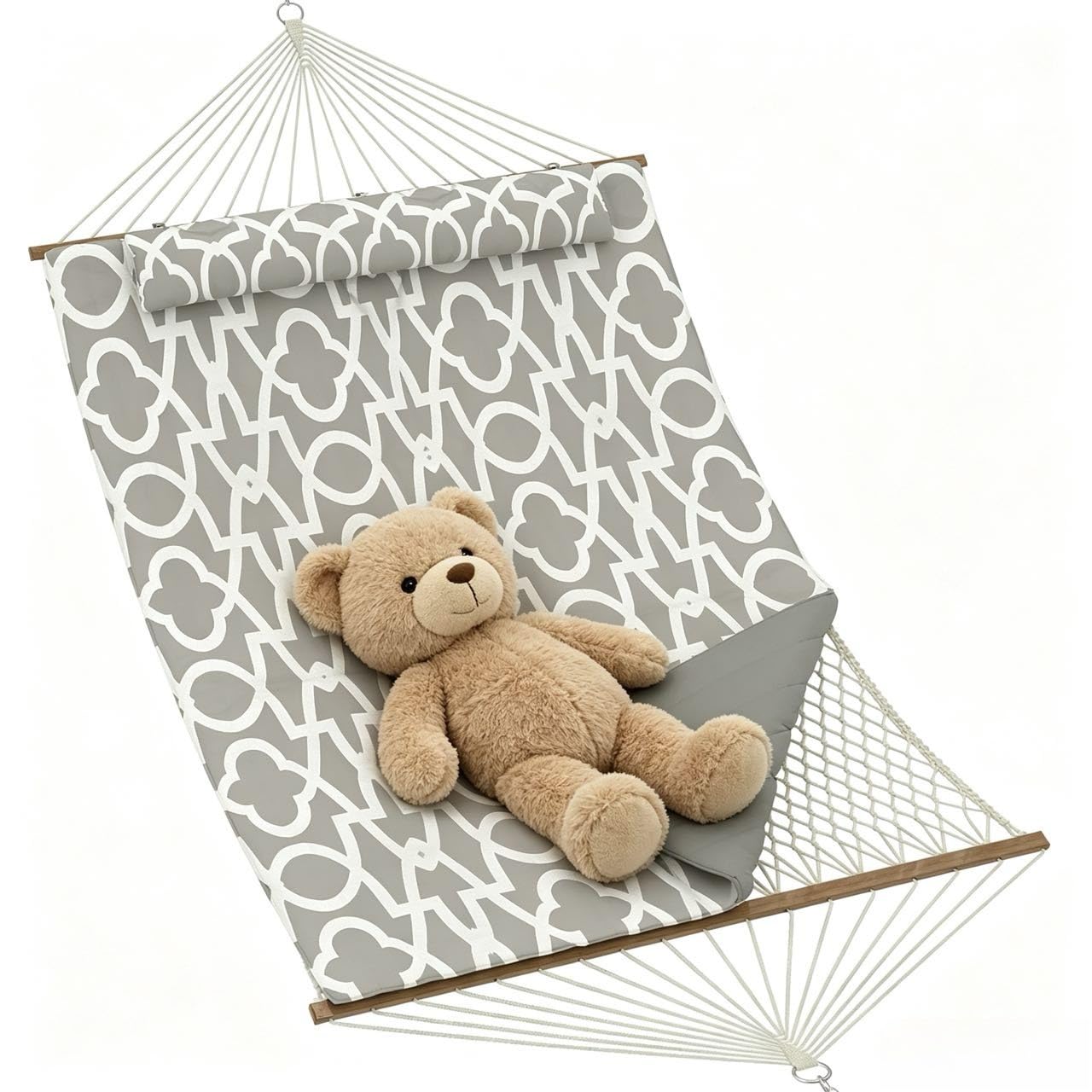 450Lbs Double Hammock for 2 Person, Quilted Garden Hammock with Wooden Spreader Bar & Detachable Pillow for Outdoor, Backyard, Beach, Light Grey Stripes