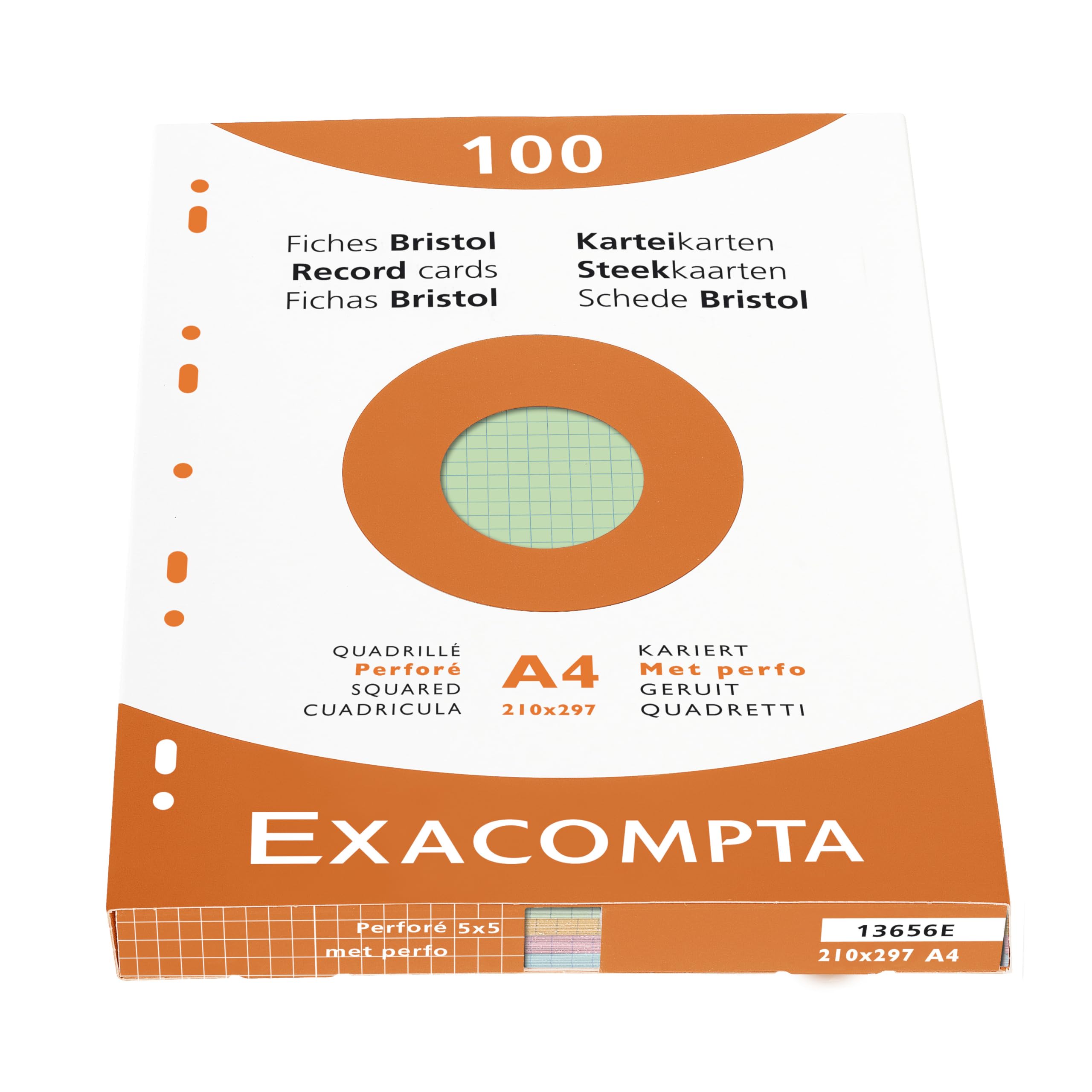 Exacompta Étui de 100 fiches bristol quadrillé 5x5 perforé 210x297mm Couleurs assorties