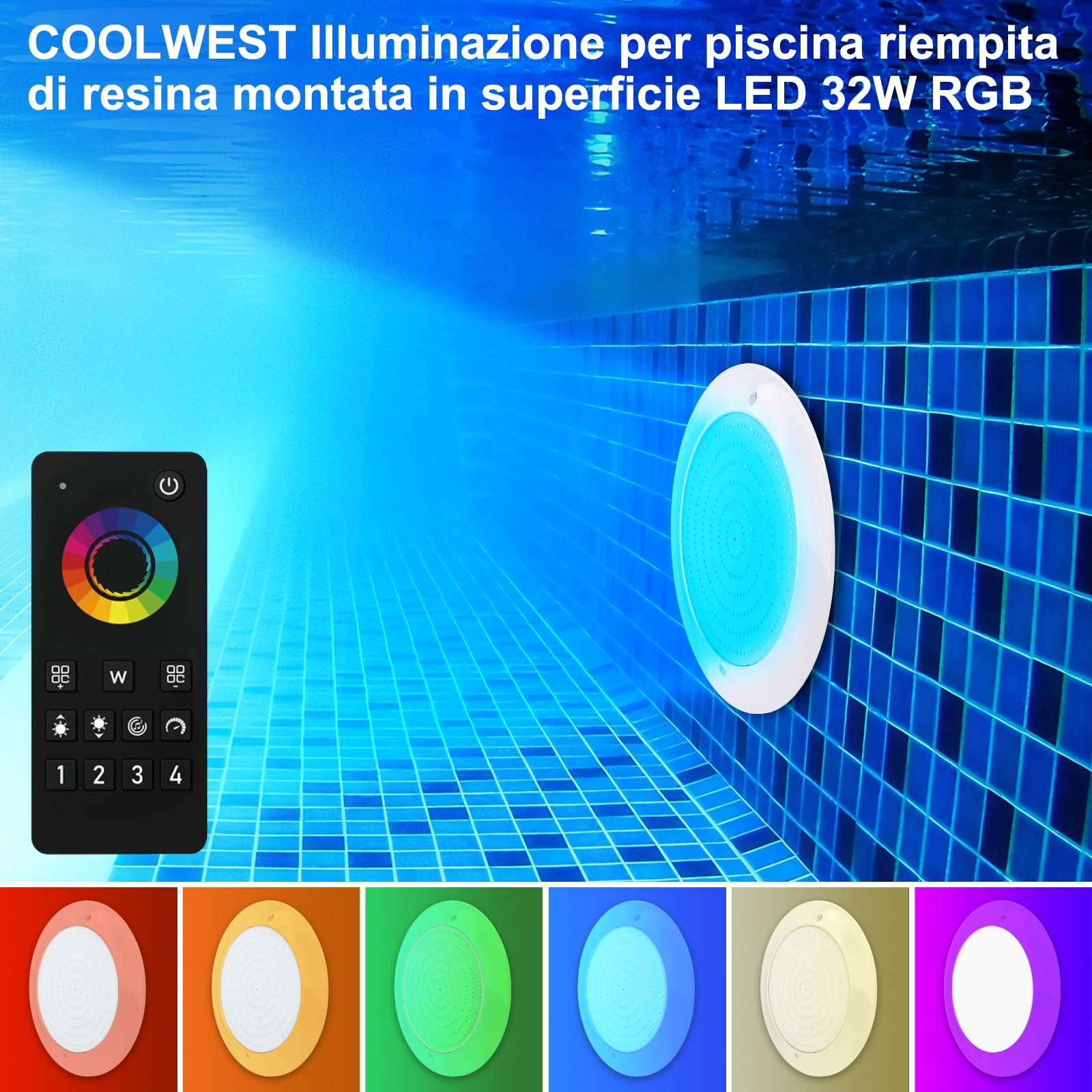 COOLWEST Luce Piscina LED Riempito di Resina, 32W Faretti LED Illuminazione ultrapiatta Multicolore RGB, Luci Piscina con controllo APP/Telecomando, IP68 Impermeabile, 24V DC, Dimmerabile