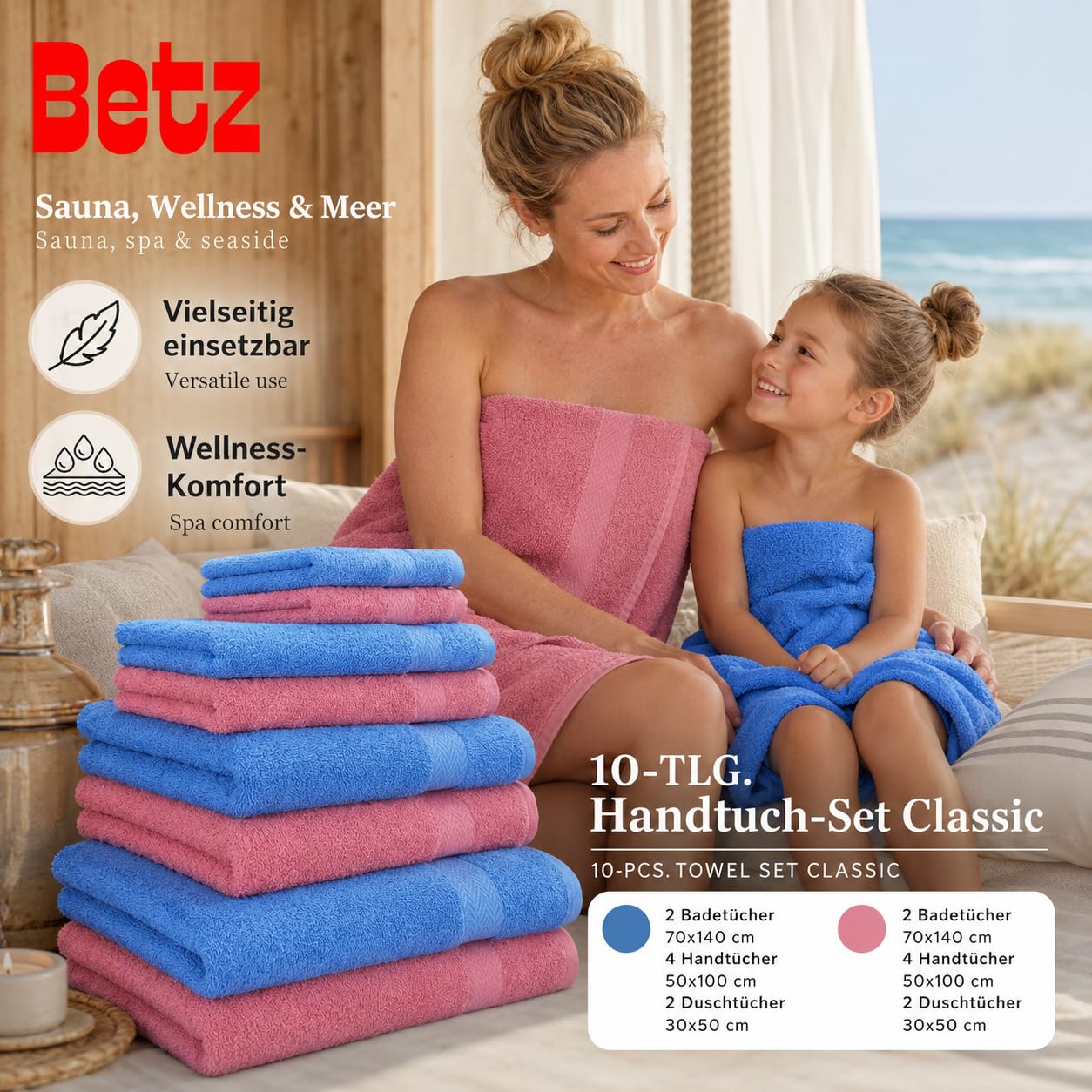 Betz 10-częściowy zestaw ręczników Classic 2 ręczniki do twarzy 30 x 30 cm 2 ręczniki dla gości 30 x 50 cm 4 ręczniki do rąk 50 x 100 cm 2 ręczniki kąpielowe 70 x 140 cm 100% bawełna kolor stary różowy i jasnoniebieski